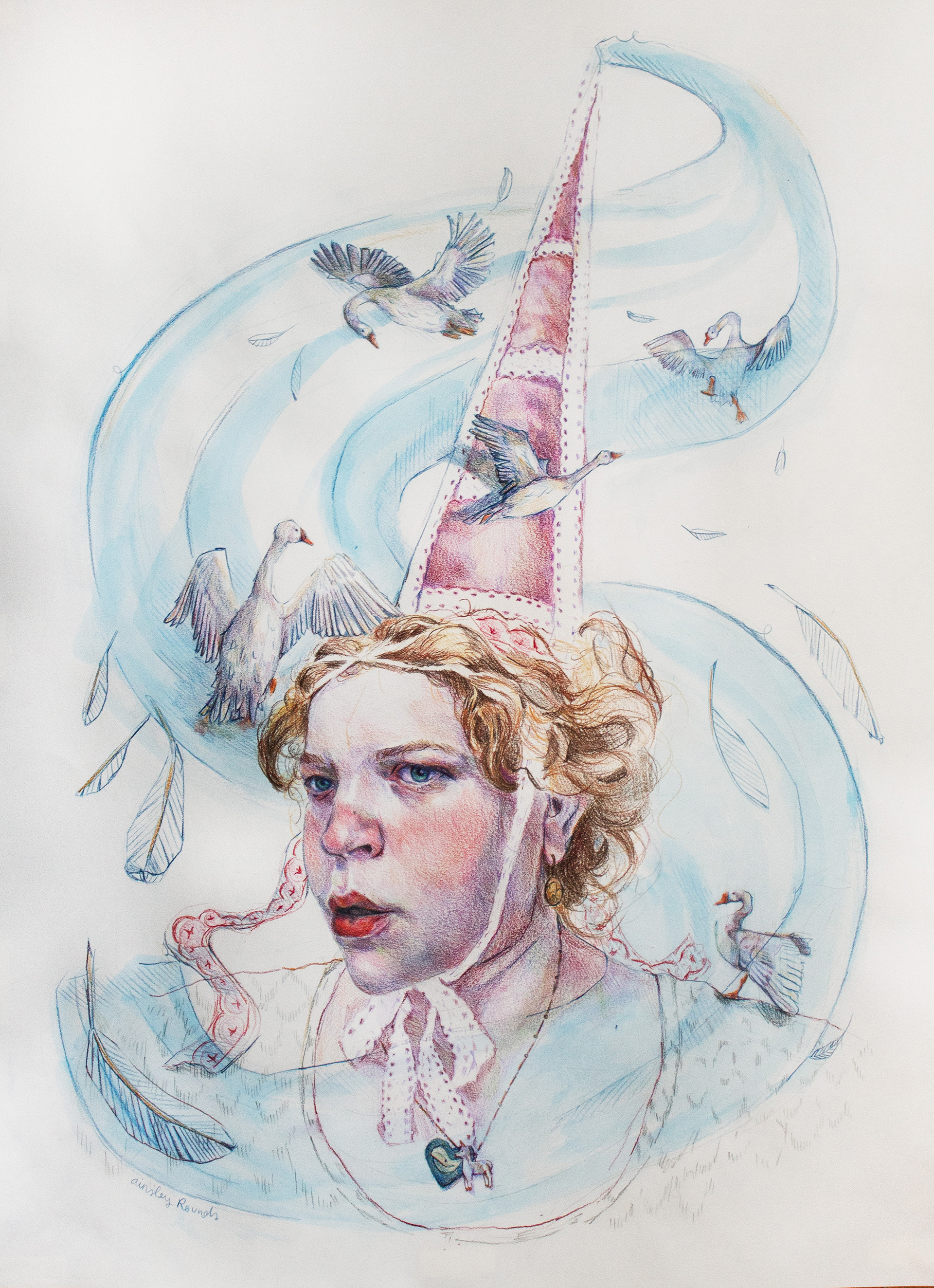 "Goose Chase", Colored Pencils and Guache on Paper, 24" x 18", 2025