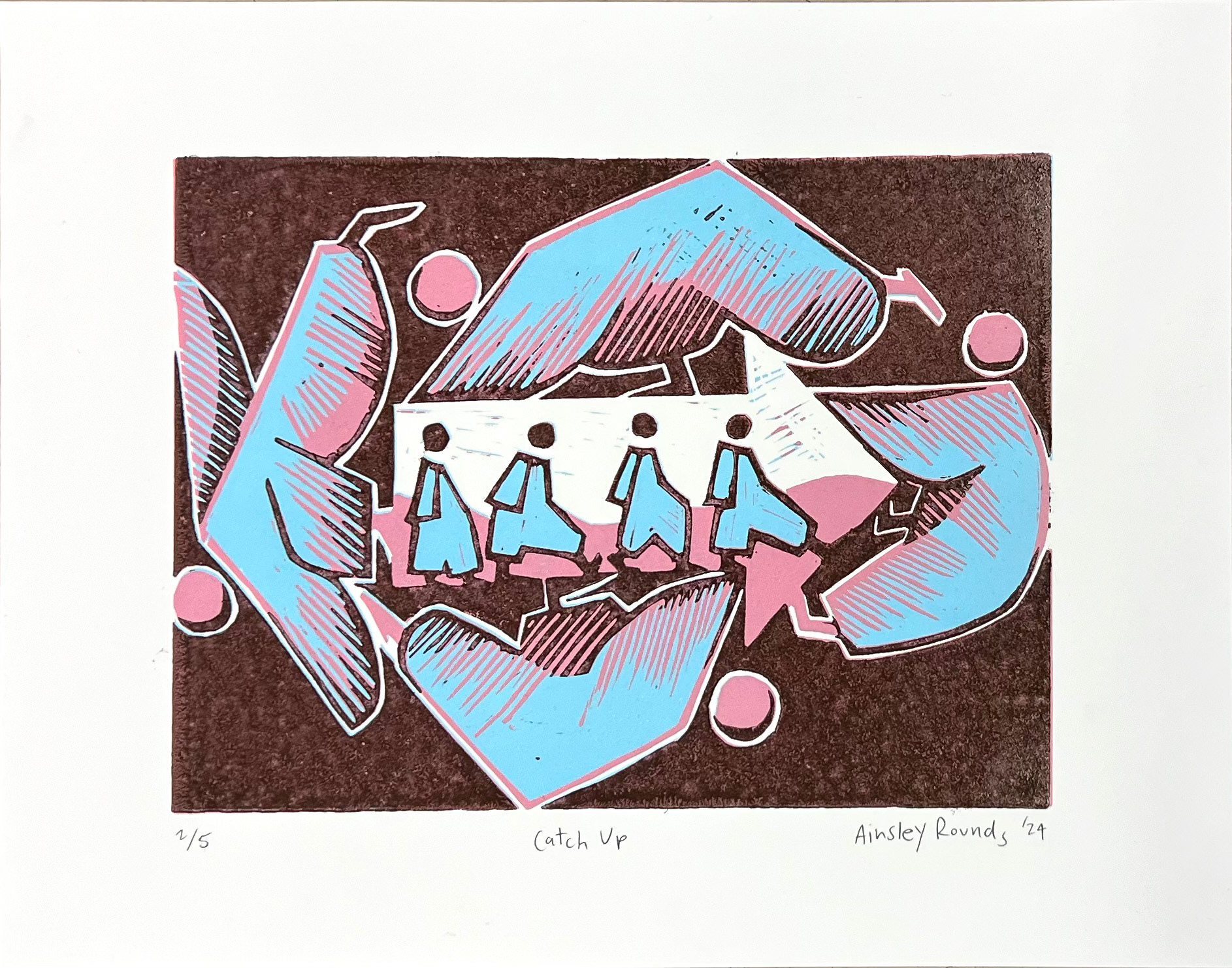 "Catch Up", Lino-cut Reduction Print, 11" x 14", 2024