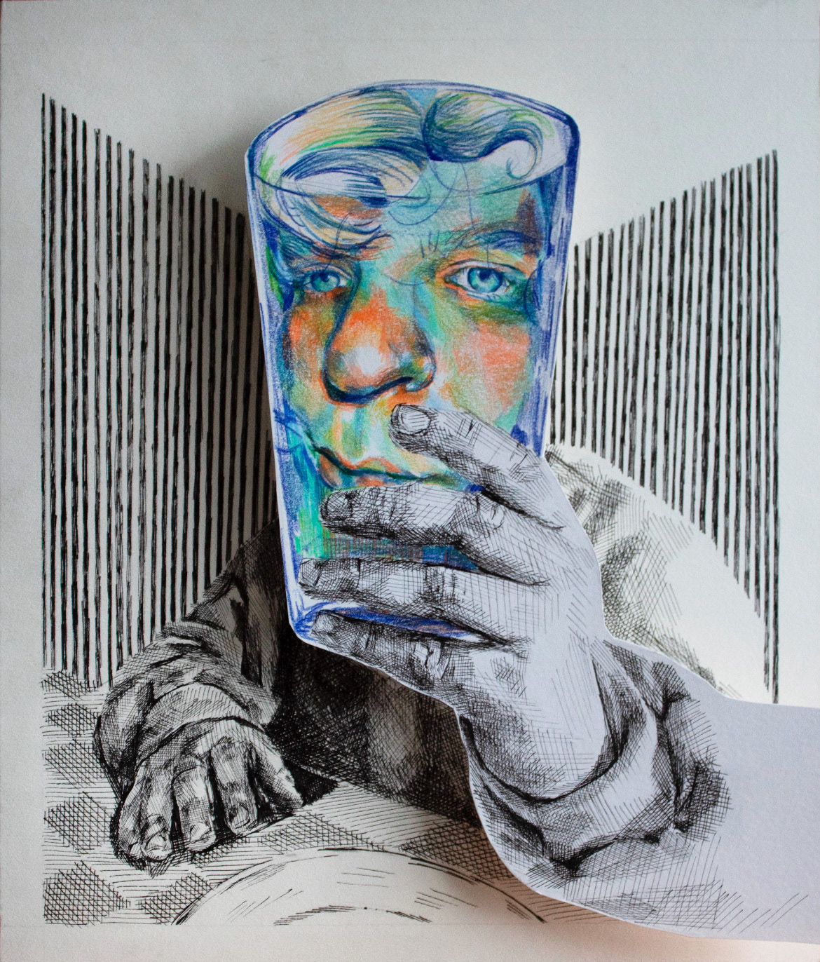 "Through the (Looking) Glass", Colored Pencils and Pen on Paper, 10.5" x 9", 2023