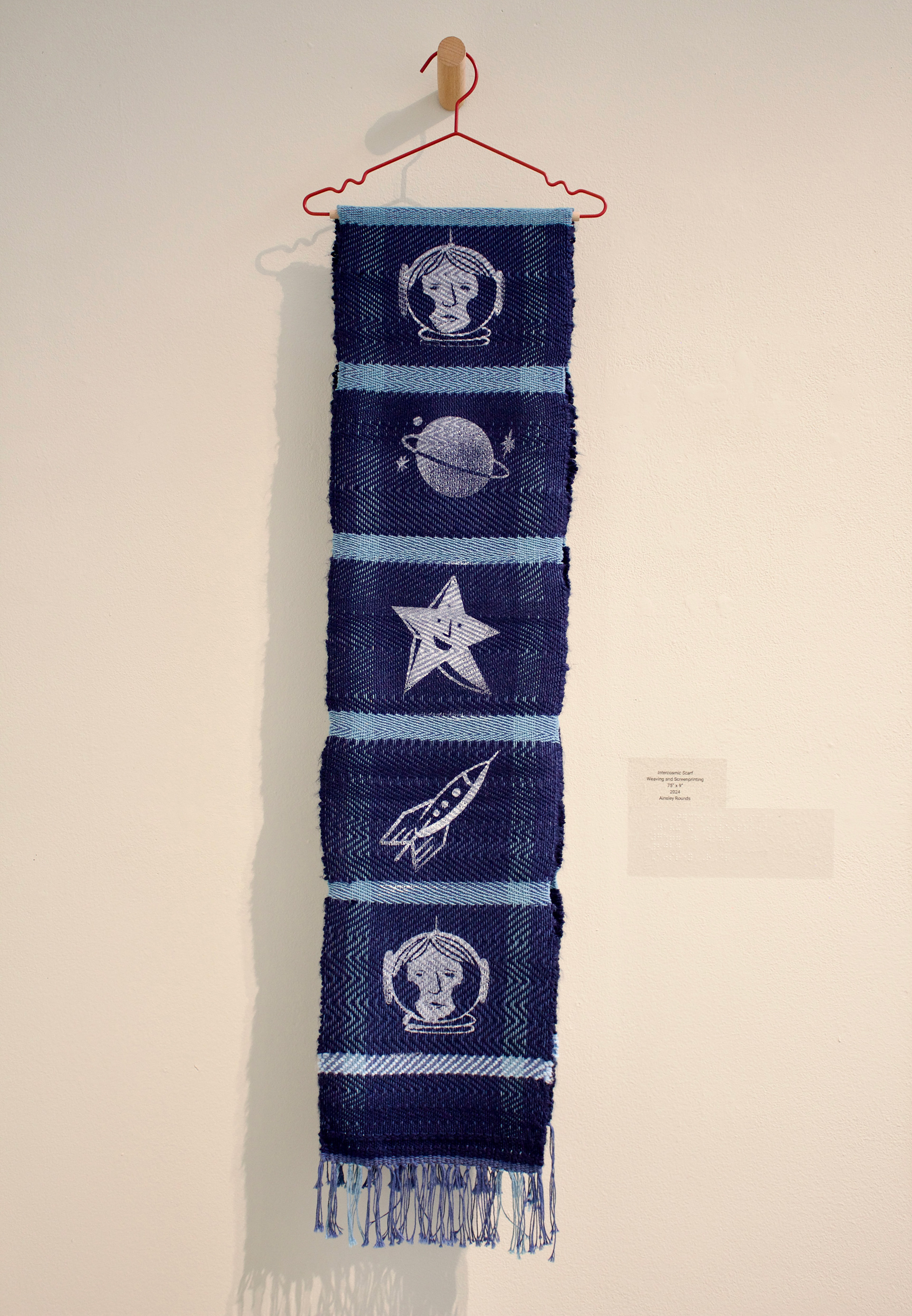 "Intercosmic Scarf", Weaving and Screenprinting, 75" x 9", 2024