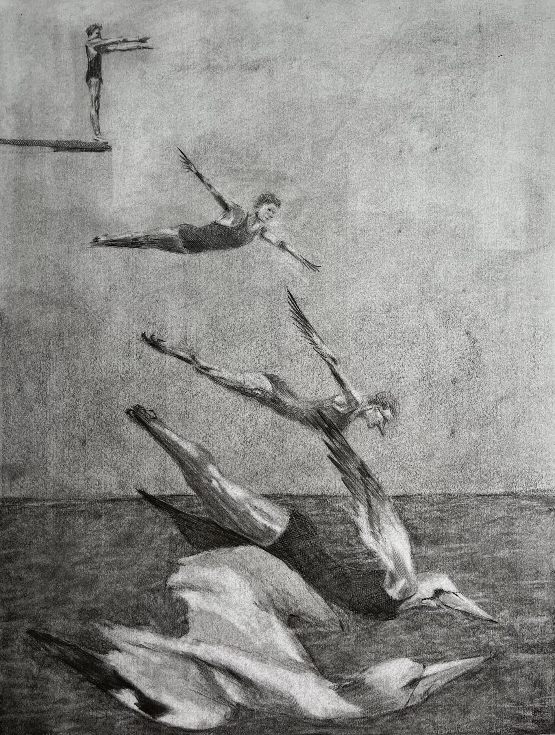 "The High Dive", Graphite and Charcoal on Paper, 24" x 18", 2022