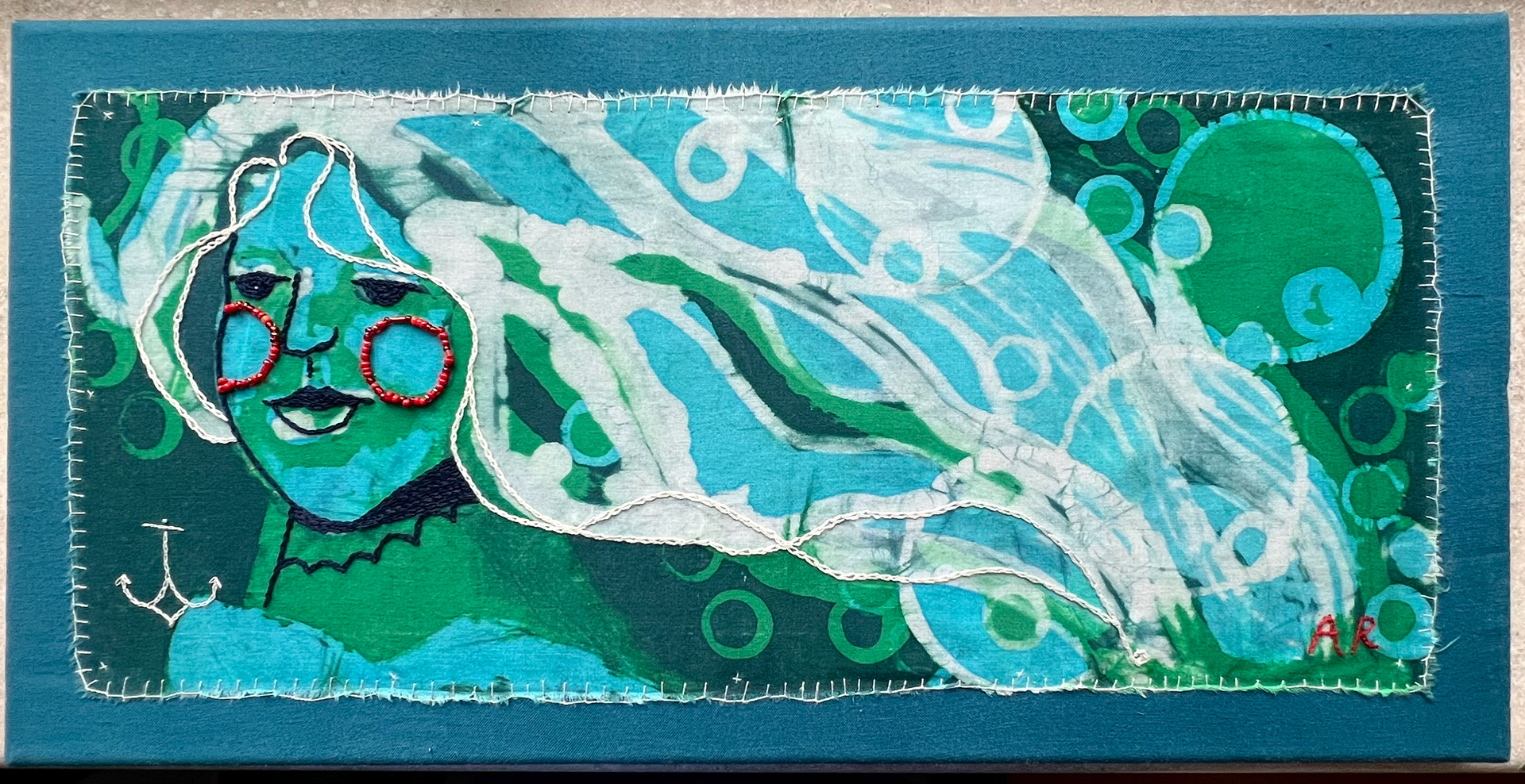 "Dive Deeper" Batik, Embroidery, and Embellishment, 8" x 16", 2024