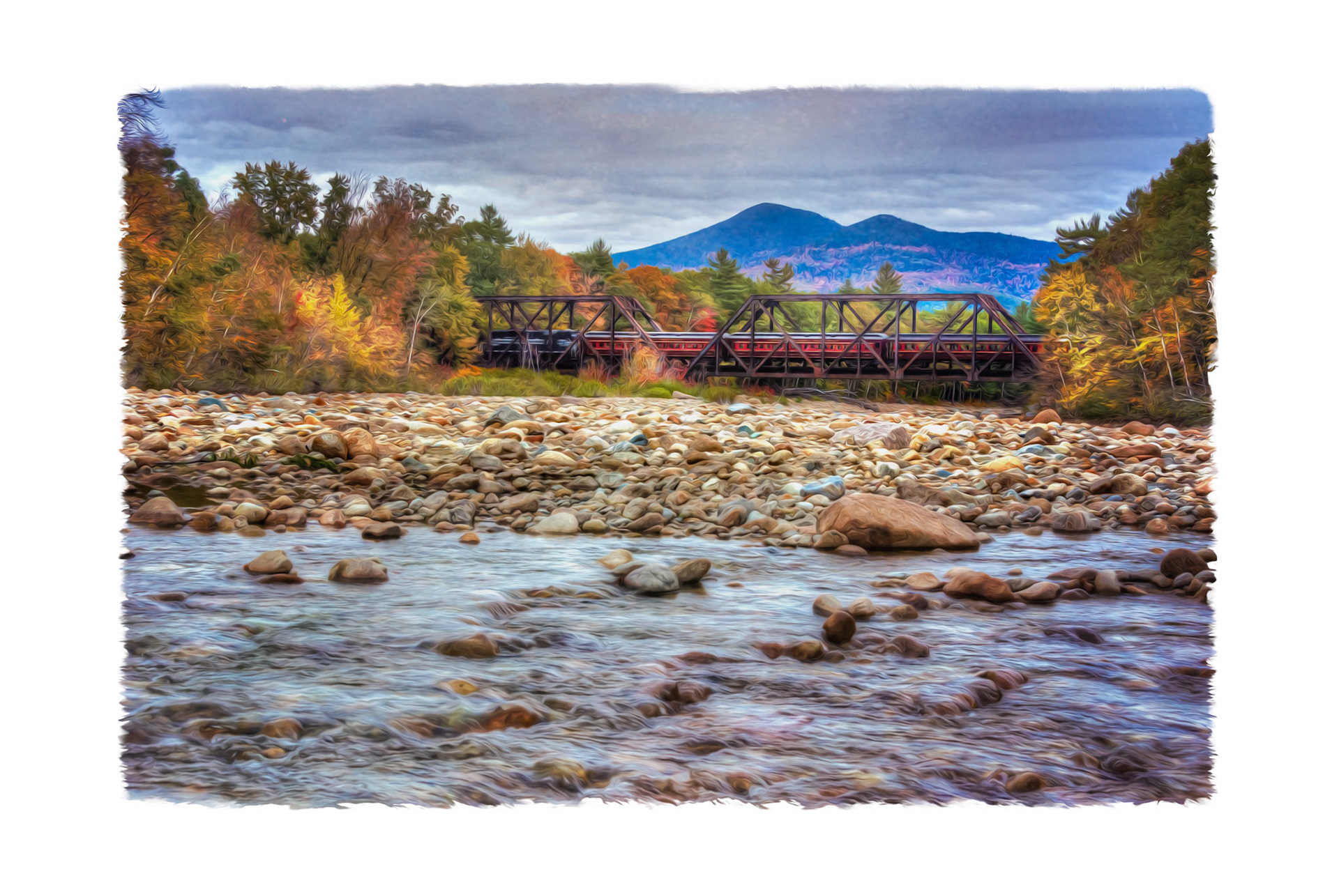 Conway Scenic Railroad Locomotive 1751 leads the valley train across the Sawyer River on the bridge known as 4th iron.