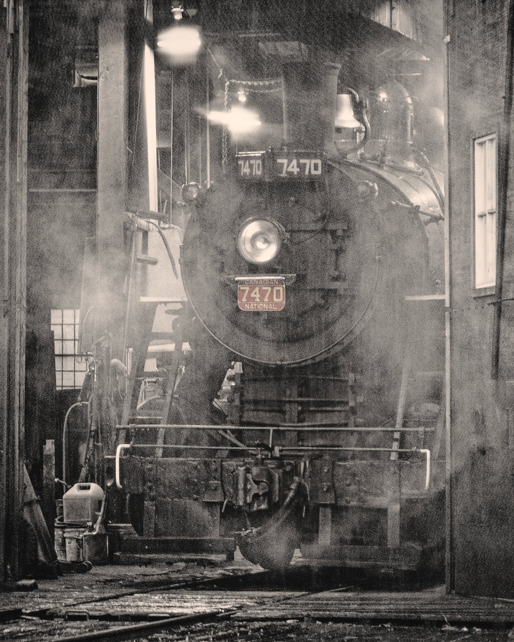 Conway Scenic Railroad Locomotive 7470 rests out of the rain in the roundhouse after a hard day's work.