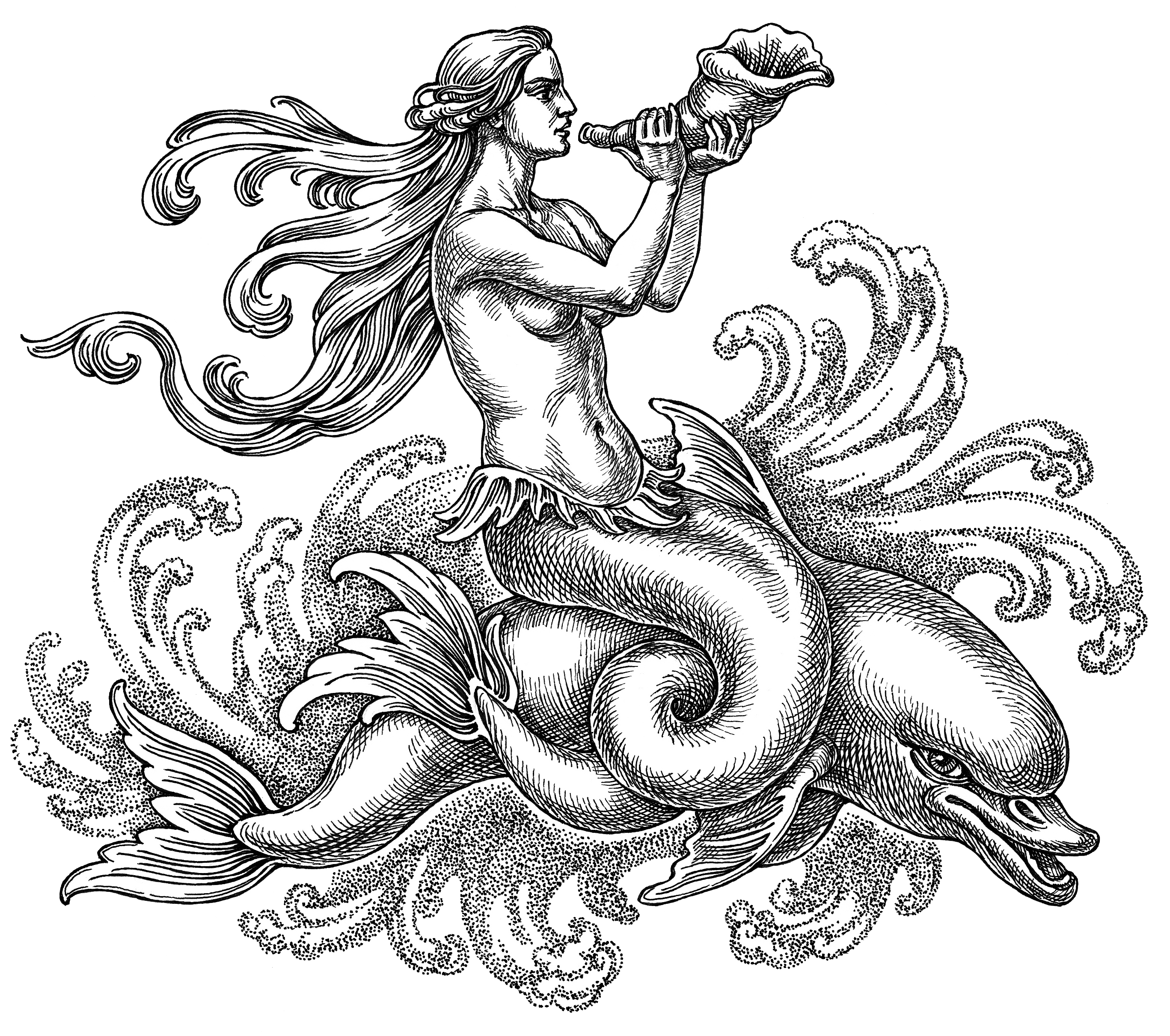 vintage mermaid black and white clipart