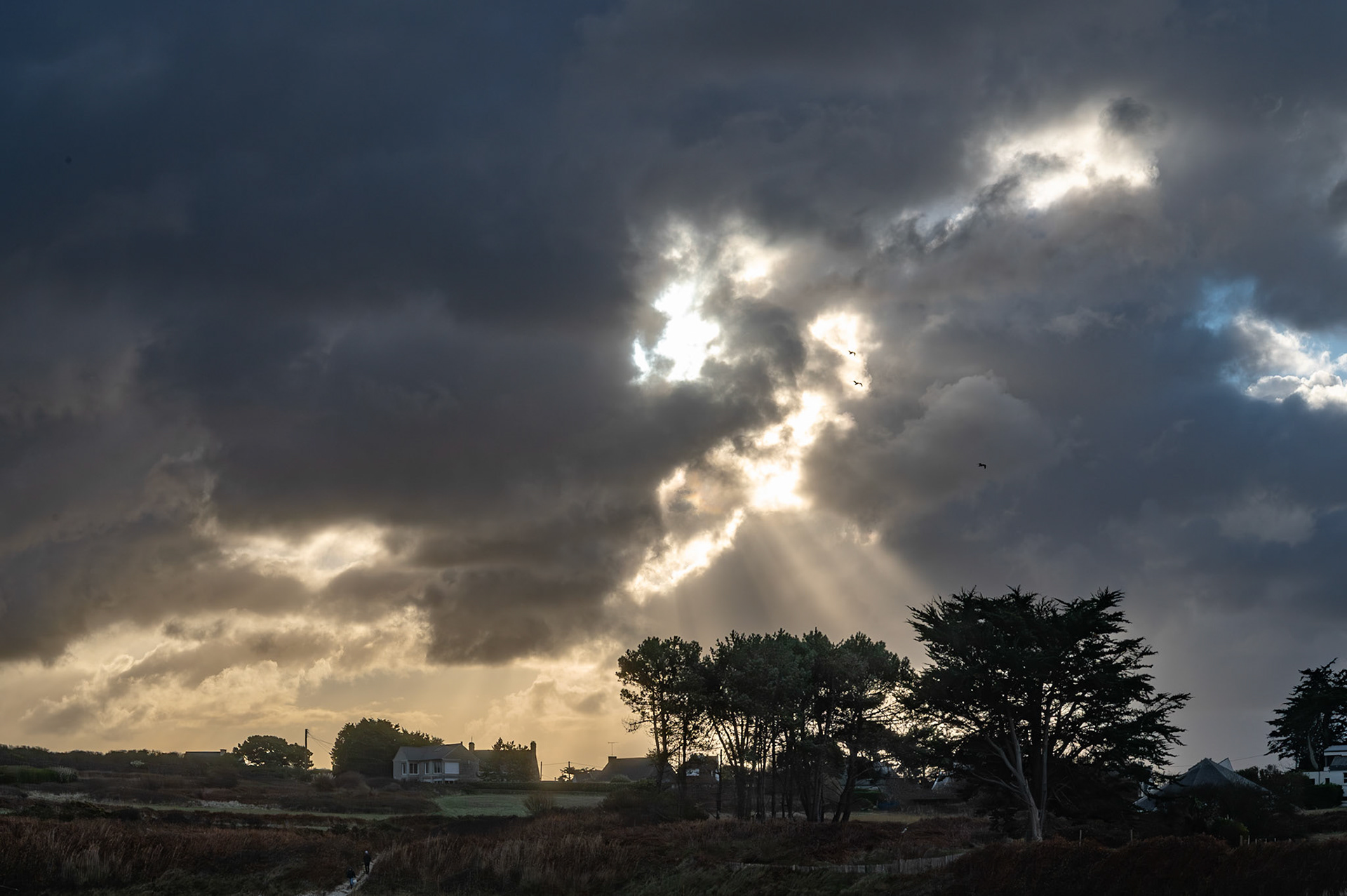 C'est un phénomène météorologique pendant lequel la vitesse du vent s'accroît de façon brusque et marquée avec un net changement de direction, et qui ne dure que quelques minutes. Il est fréquemment accompagné d'averses de pluie.Dans tous les cas, le ciel s'est assombri d'un coup sur Île Grande et nous avons été giflé par les rafales et la pluie à 45°. Mais avant, que de belles lumières !