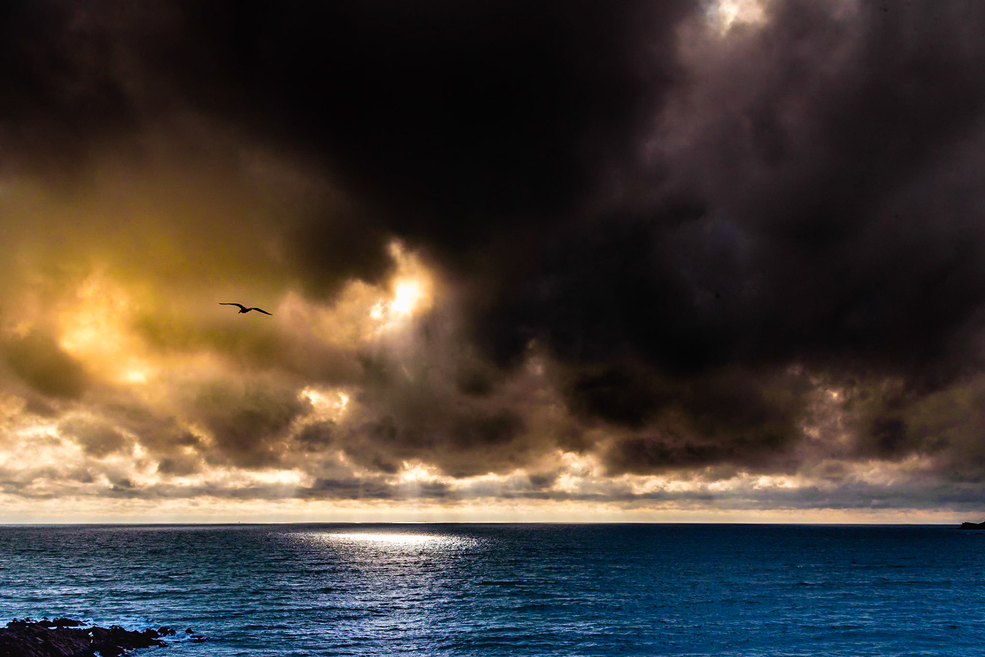 Le bord de mer est propice à ce genre de spectacle féerique quand le combat fait rage entre le soleil déclinant et les nuages annonçant l'orage.Les jeux de lumière sont furtifs et le jeu de cache cache est incessant. J'adore !