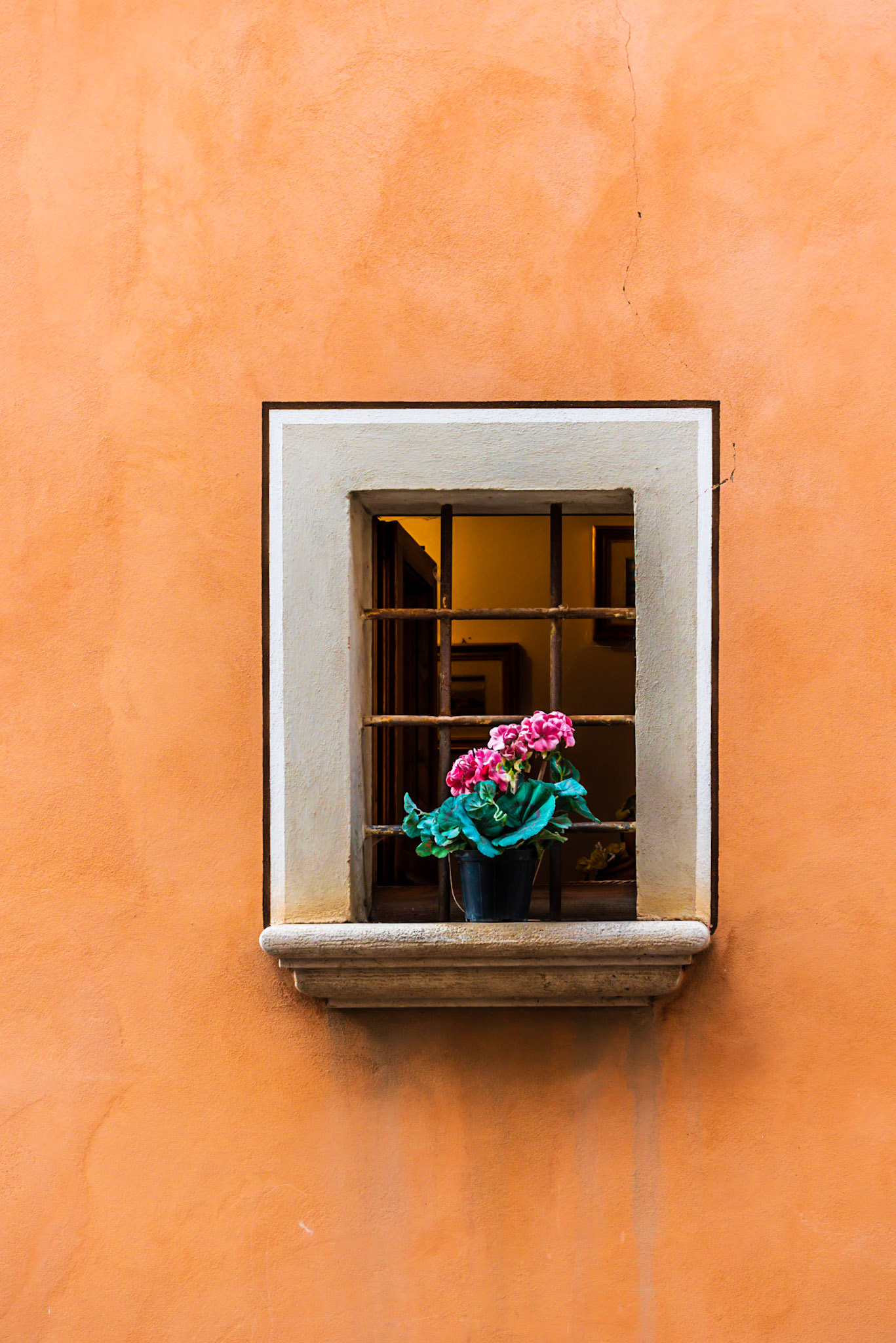 Tuscan apartment with flowers in the window.