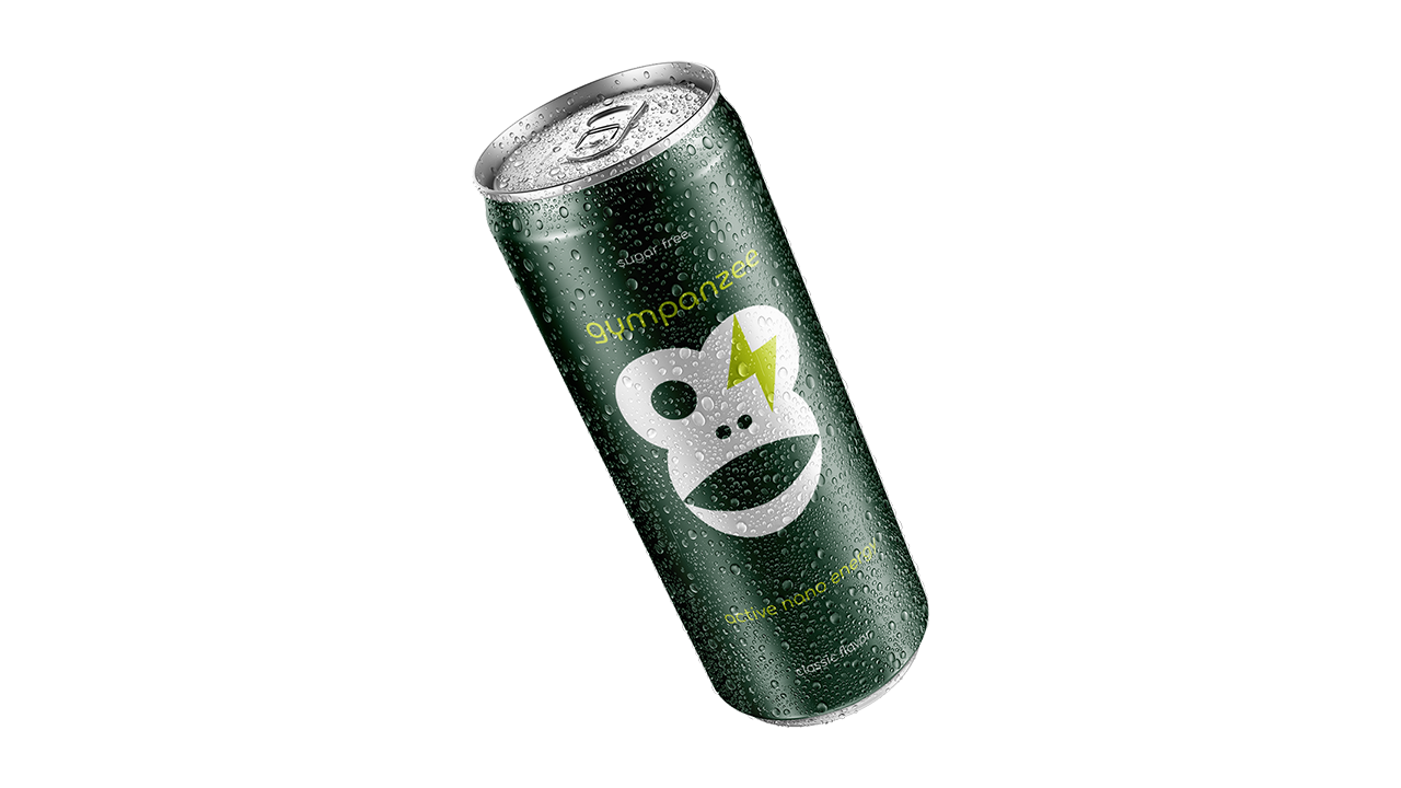 Minimalist energy drink can packaging with futuristic elements and clean lines