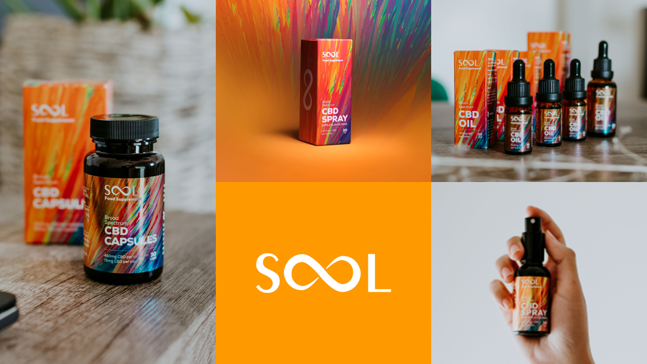 SooL line of CBD products. Packaging design for capsules, spray, oil. Brand identity, graphic design, logo design