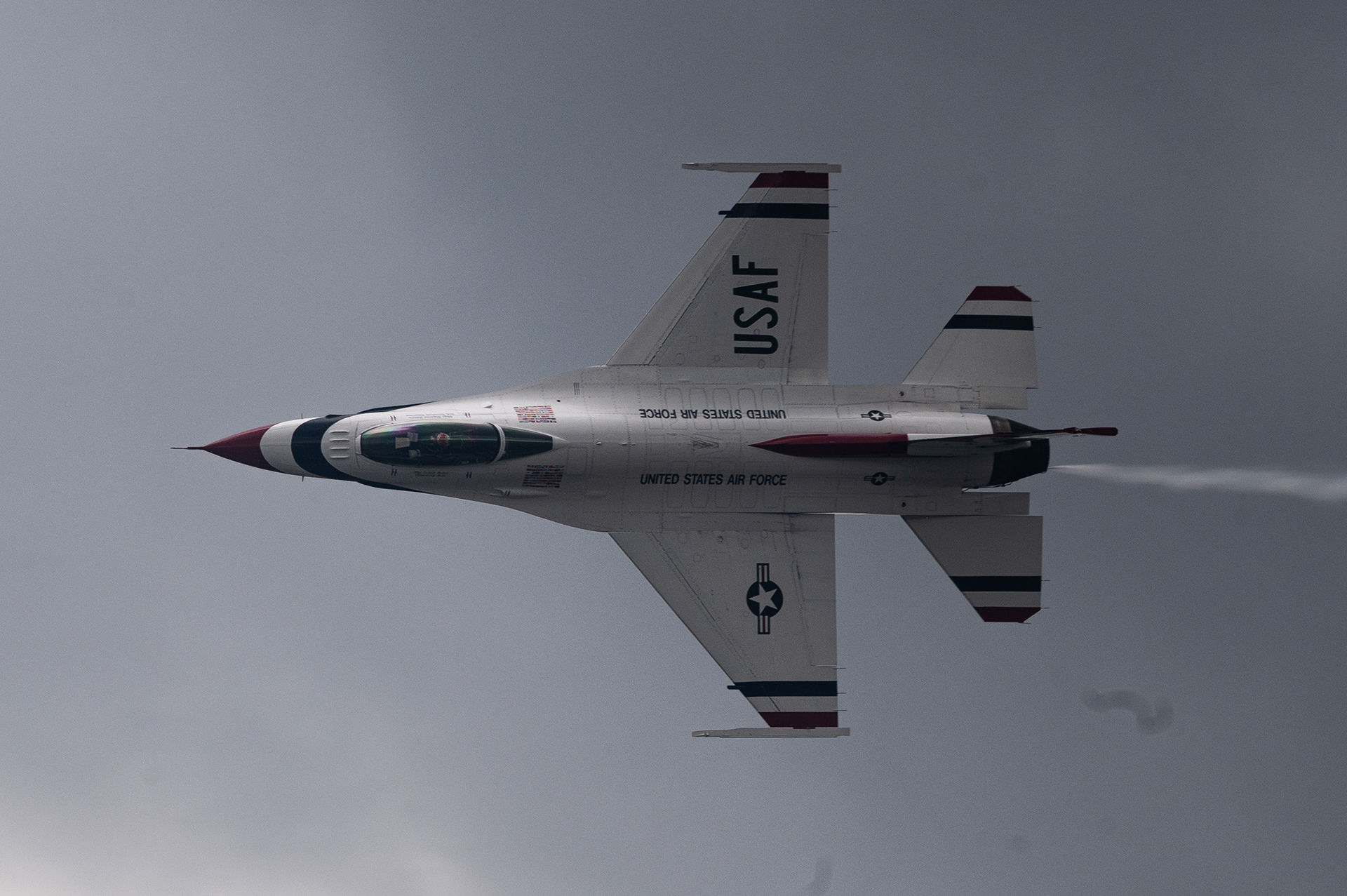 A U.S. Air Force Thunderbird performs a maneuver during the Wings Over Wayne Open House 2025 at Seymour Johnson Air Force Base, North Carolina, May 4, 2025. The Thunderbirds helped unite the community and inspire future generations with the Air Force’s aviation capabilities.