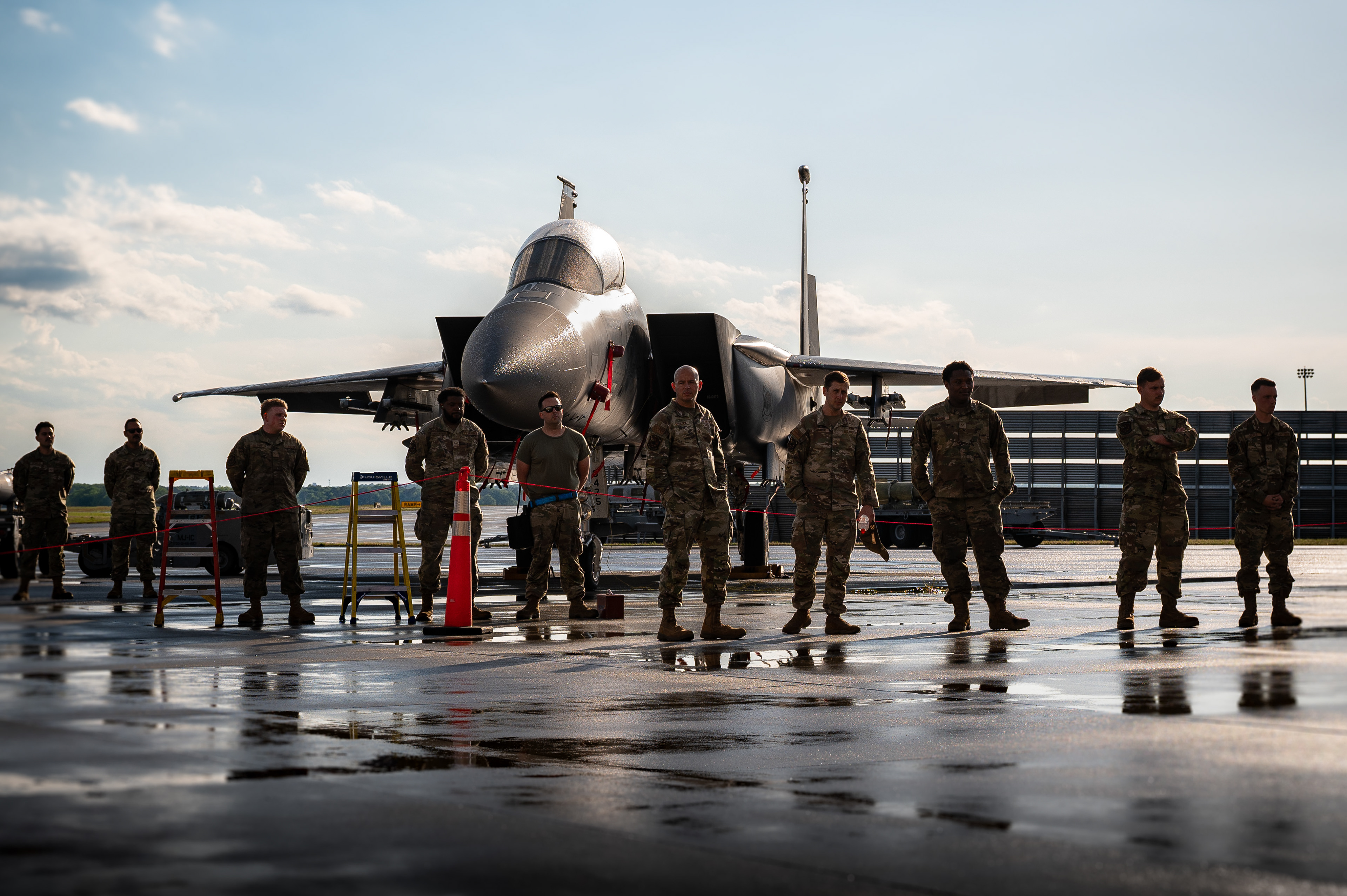 U.S. Air Force weapons load crew members assigned to the 4th Fighter Wing, line up for the Eagle Keeper Competition at Seymour Johnson Air Force Base, North Carolina, April 14, 2025. The competition tested F-15E Strike Eagle maintainers on their technical expertise, troubleshooting skills and overall aircraft knowledge in a head-to-head format to determine the wing’s top crew chiefs. 