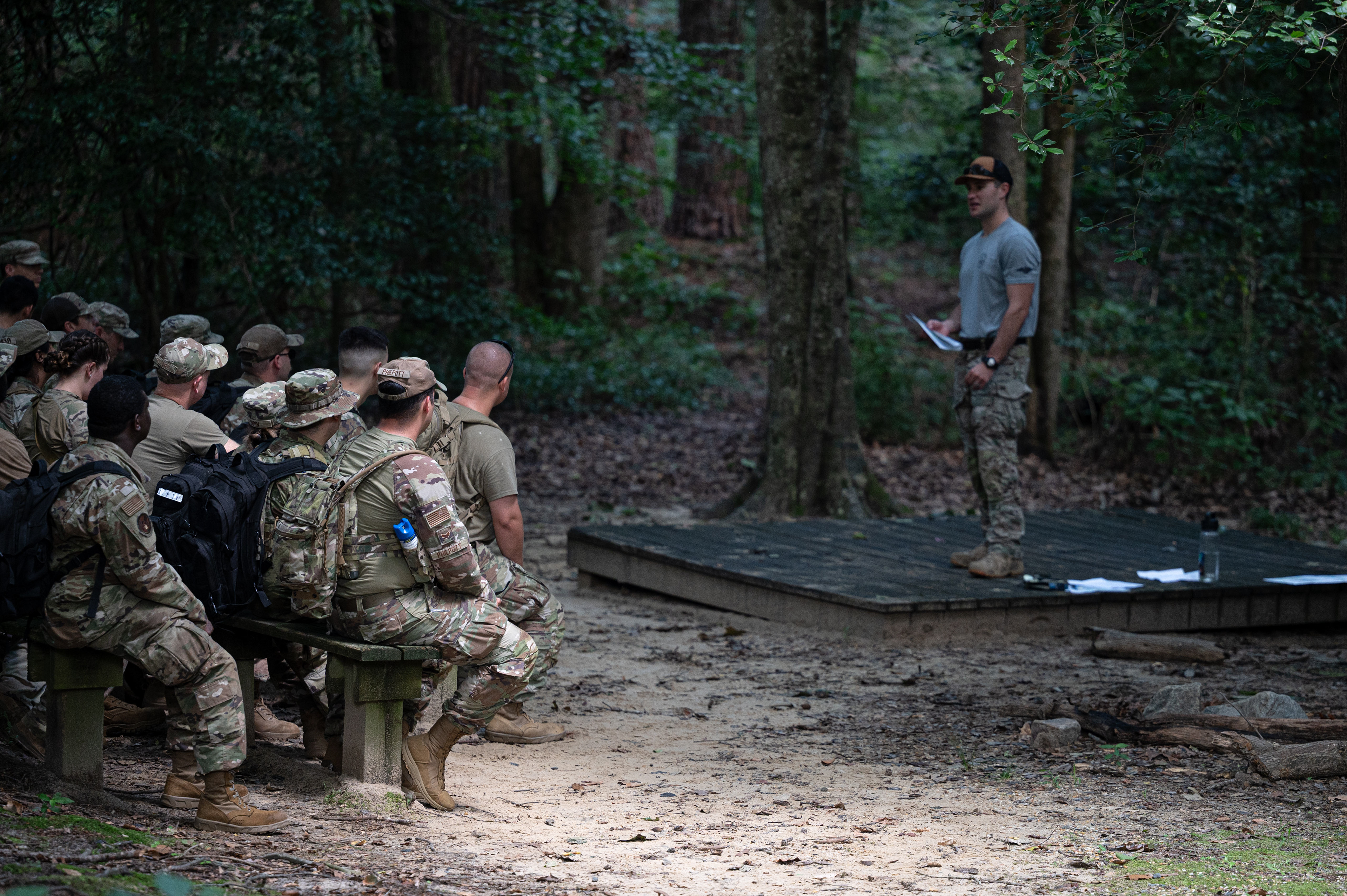 U.S. Air Force Airmen, assigned to the 4th Civil Engineer Squadron, learn the fundamentals of land navigation during the Super Prime BEEF exercise at Cliffs of the Neuse State Park, North Carolina, July 17, 2025. The exercise tested expeditionary skills under simulated deployed conditions.