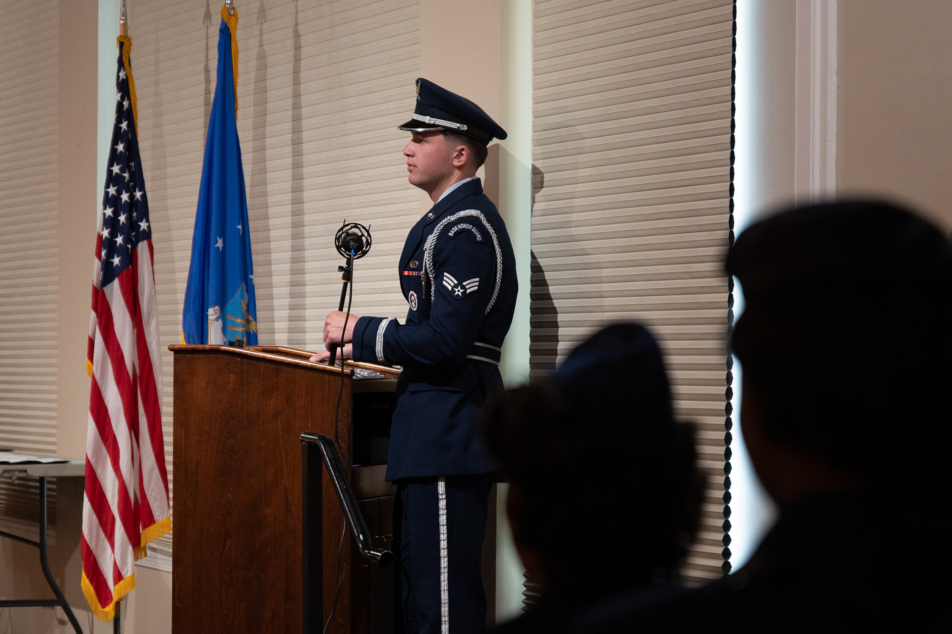 U.S. Air Force Senior Airman Jack Seifert, assigned to the 4th Operations Support Squadron, Operations Support Air Traffic, speaks at the Base Honor Guard graduation at Seymour Johnson Air Force Base, North Carolina, April 24, 2025. The Base Honor Guard represents the Air Force in ceremonies to give service members and veterans a dignified tribute. 