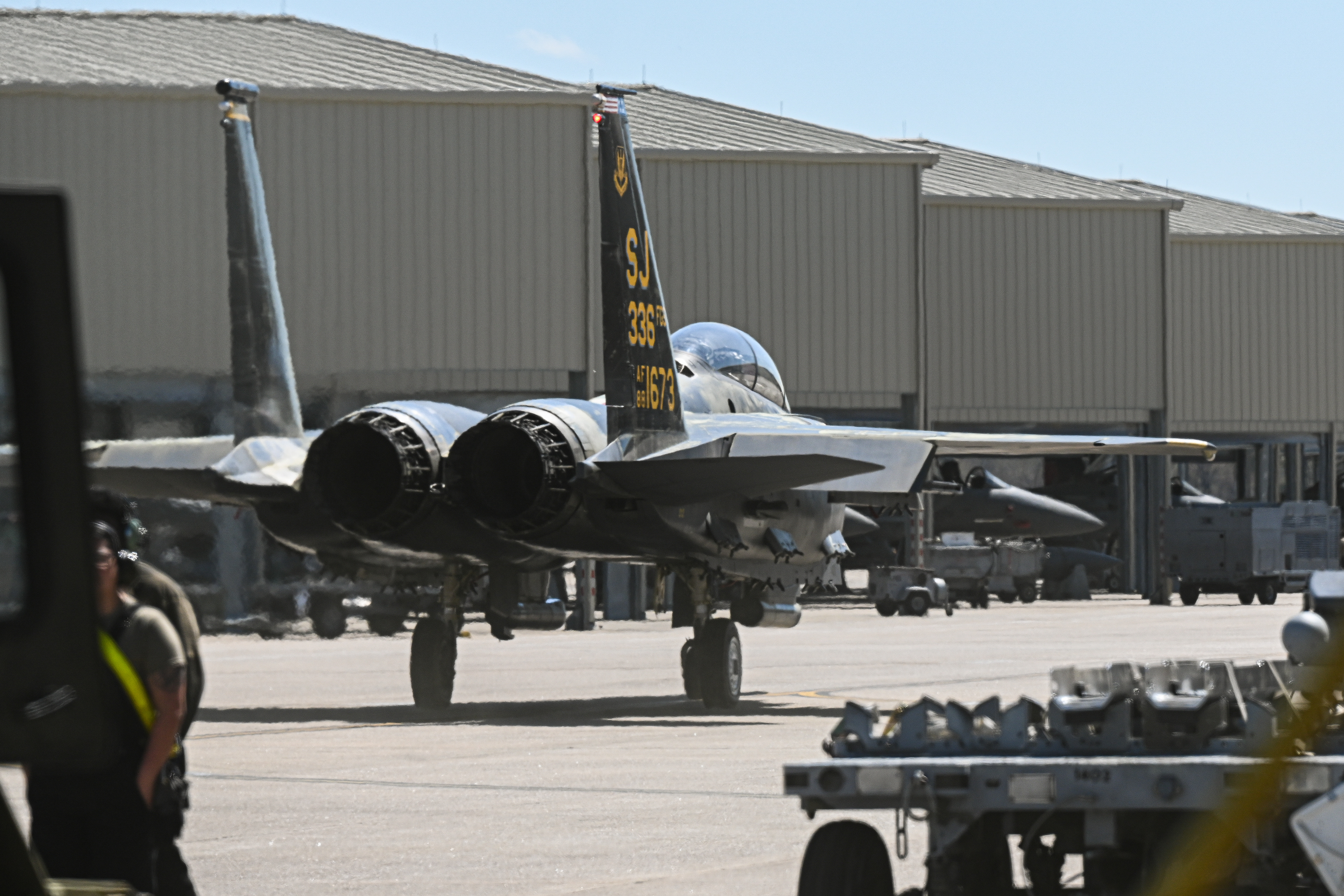 A U.S. Air Force F-15E Strike Eagle assigned to the 336th Fighter Squadron, taxis on the flightline, at Seymour Johnson Air Force Base, North Carolina, March 26, 2025. The Strike Eagle is best known for its high-speed, deep-strike capabilities.