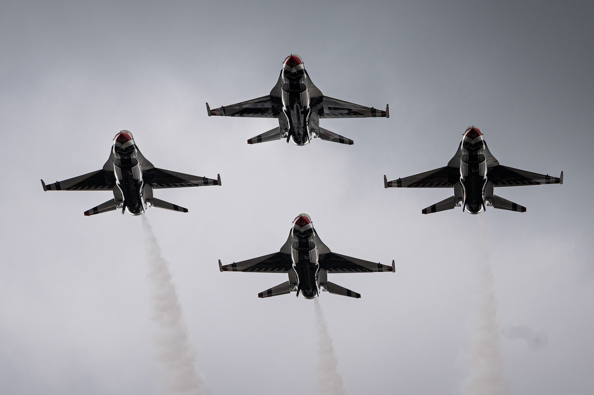 The U.S. Air Force Thunderbirds perform a maneuver during Wings Over Wayne Open House 2025 at Seymour Johnson Air Force Base, North Carolina, May 4, 2025. The maneuver highlighted the discipline, coordination and teamwork essential to Air Force operations. 
