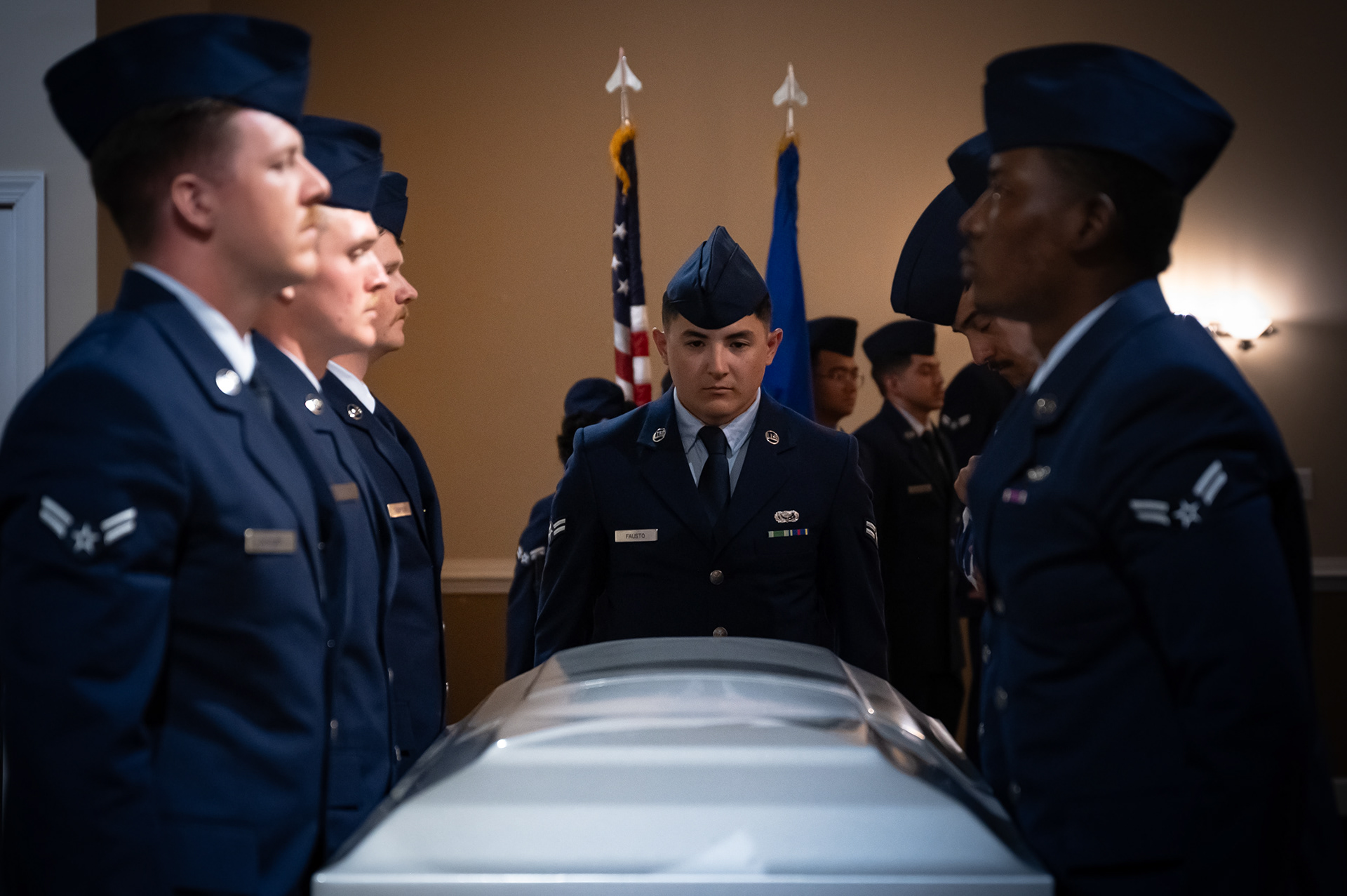 U.S. Air Force Honor Guardsmen perform a mock burial service at Seymour Johnson Air Force Base, North Carolina, April 24, 2025. The graduates completed an intensive program focused on precision drill, ceremonial procedures and military funeral honors.
