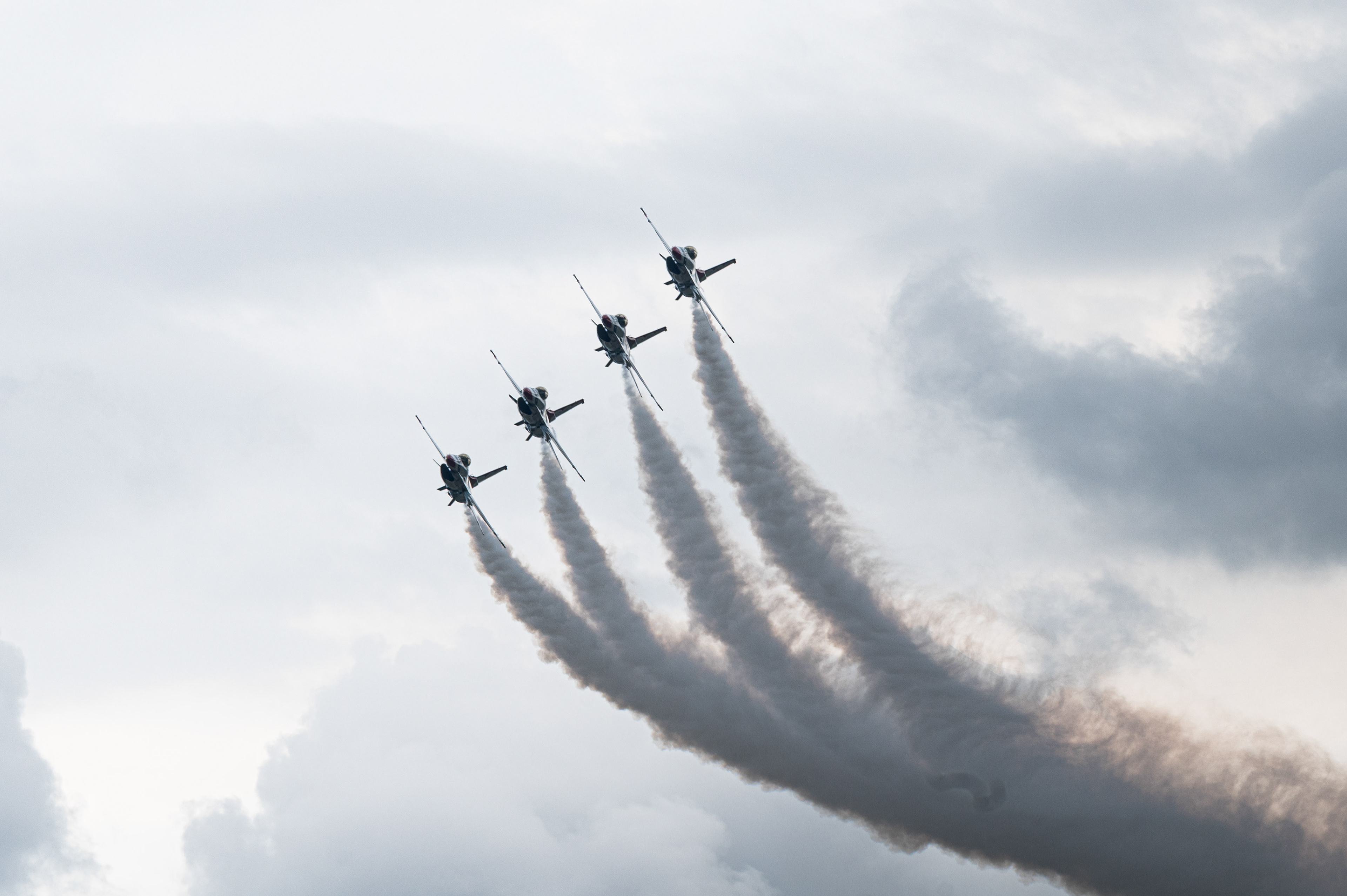 The U.S. Air Force Thunderbirds perform a maneuver during the Wings Over Wayne Open House 2025 at Seymour Johnson Air Force Base, North Carolina, May 4, 2025. The Thunderbirds helped unite the community and inspire future generations with the Air Force’s aviation capabilities. 