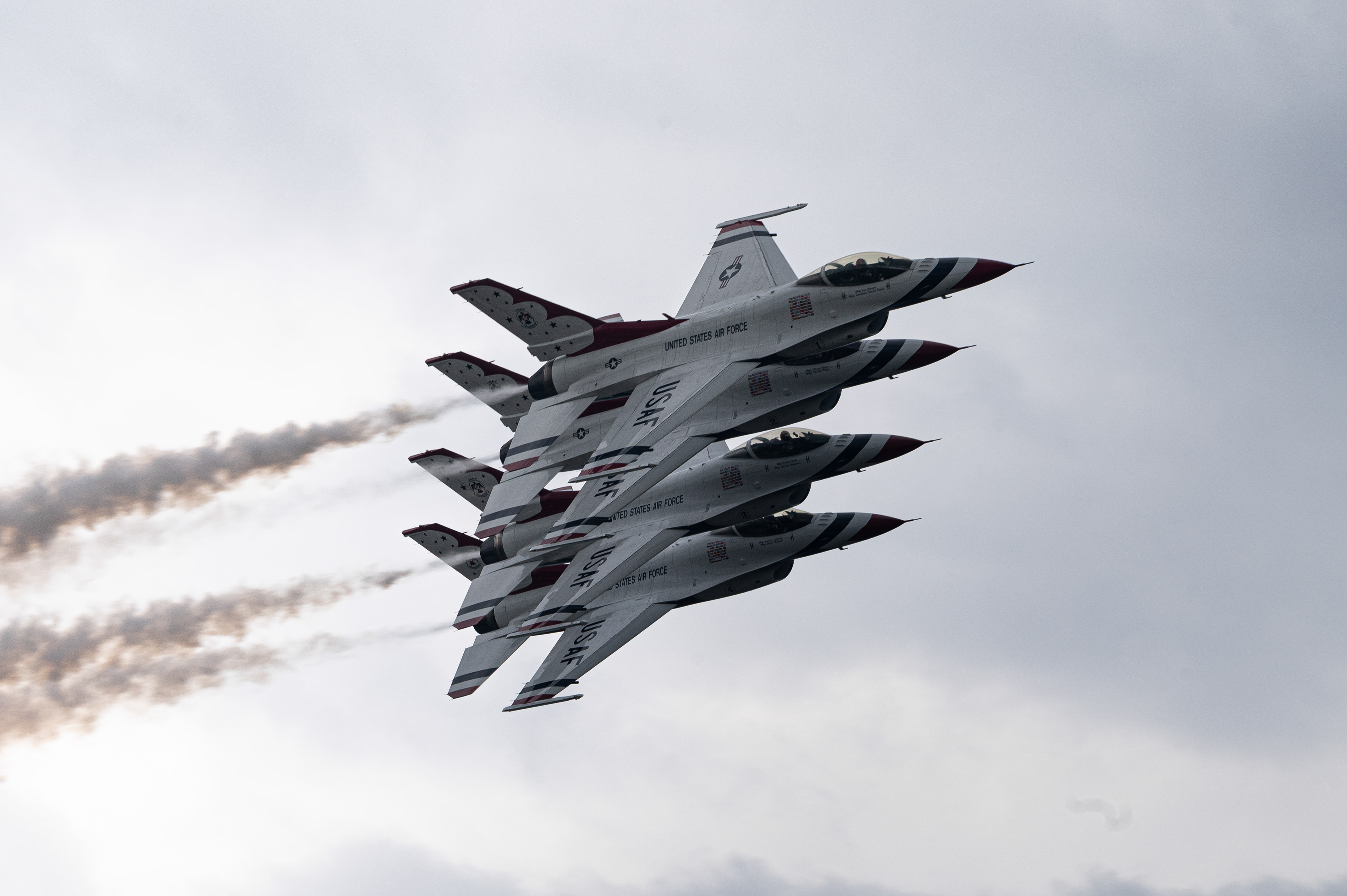 The U.S. Air Force Thunderbirds perform formations for the Wings Over Wayne Open House 2025 at Seymour Johnson Air Force Base, North Carolina, May 4, 2025. The Thunderbirds helped unite the community and inspire future generations with the Air Force’s aviation capabilities.