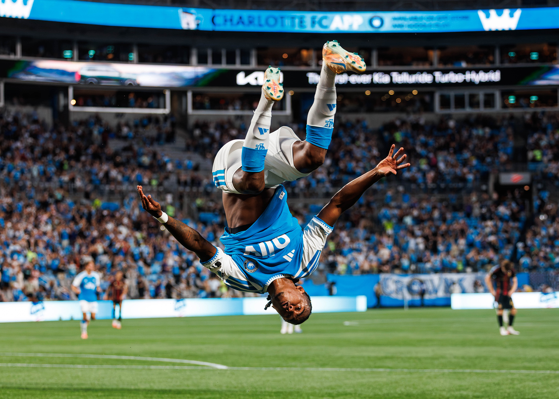 Kerwin Vargas of Charlotte FC celebrates after scoring a goal against Atlanta United during a Major League Soccer match at Bank of America Stadium in Charlotte, North Carolina. (Photo by Miles Lineberger for XFC USA)