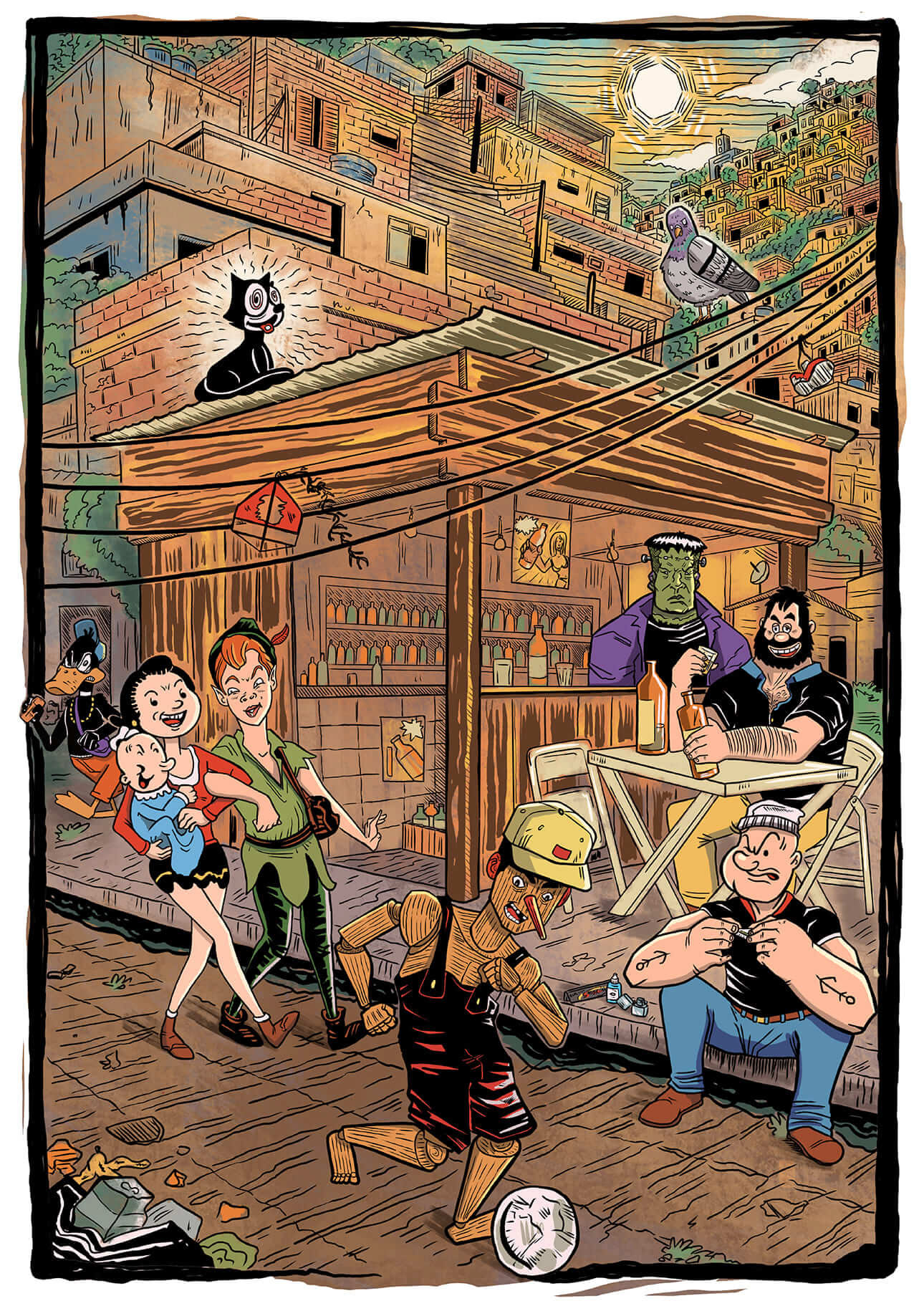 Ilustração com crítica social apresentando personagens de desenhos animados antigos em uma favela brasileira
