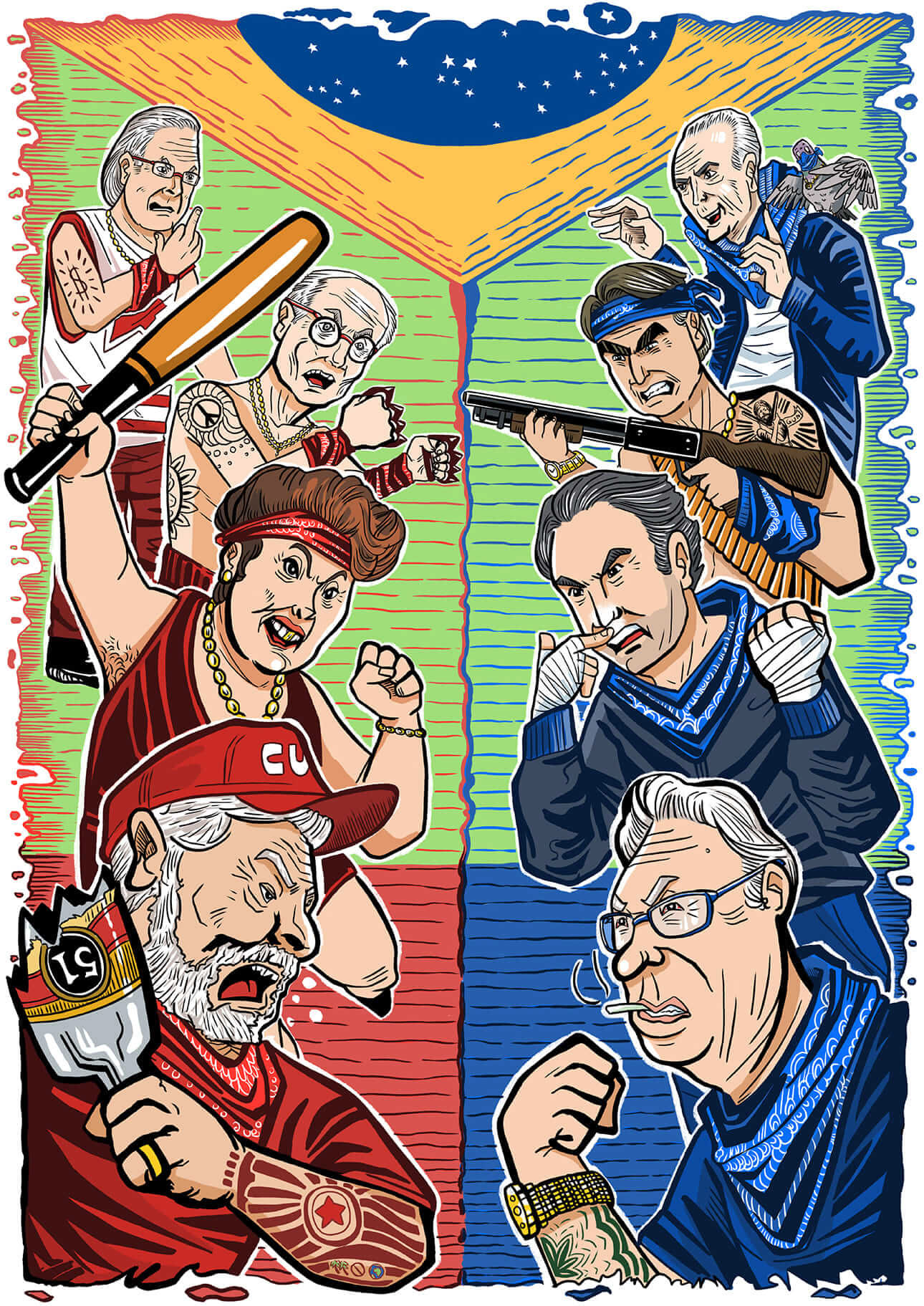 Ilustração crítica apresentando políticos brasileiros de esquerda e direita se enfrentando com a bandeira do Brasil de fundo