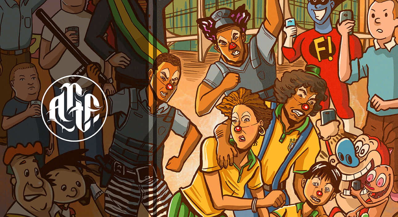 Ilustração crítica com patriotas fugindo da polícia, personagens de desenhos animados gravando e o logotipo Artficina