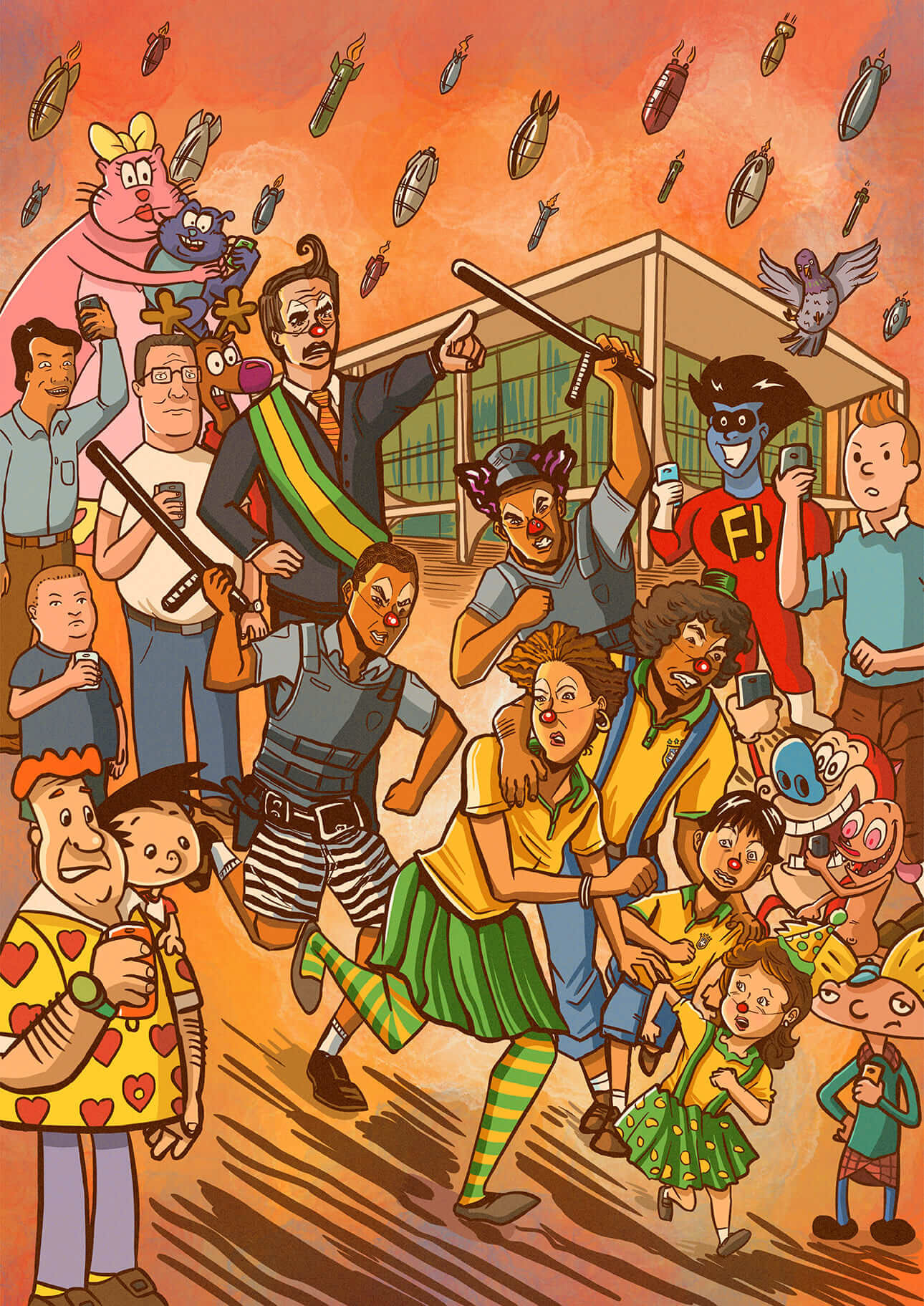 Ilustração de Brasília tomada por personagens de desenhos, família de patriotas apanhando da polícia com Bolsonaro de palhaço
