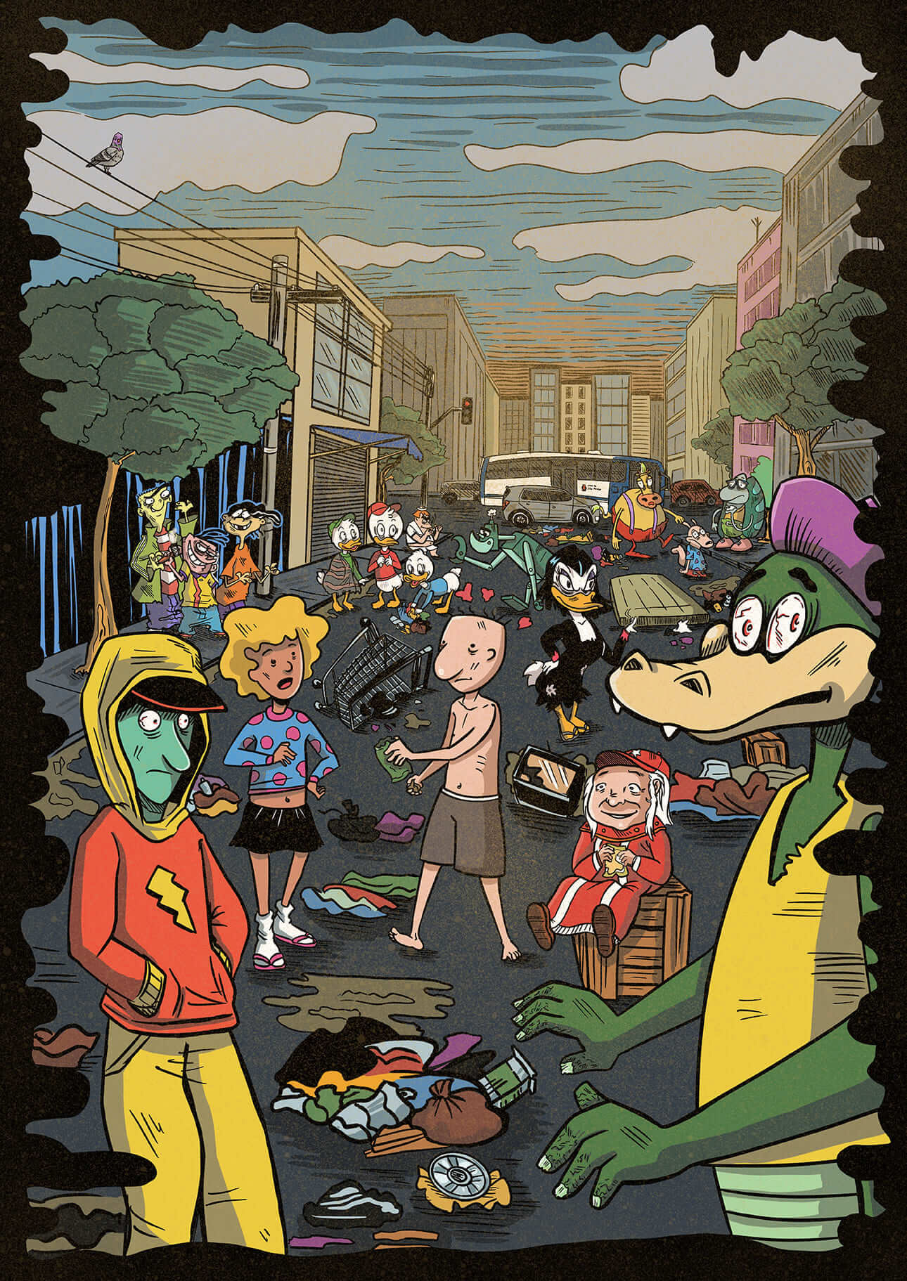 Ilustração apresentando a cracolândia em São Paulo tomada por personagens de desenhos antigos