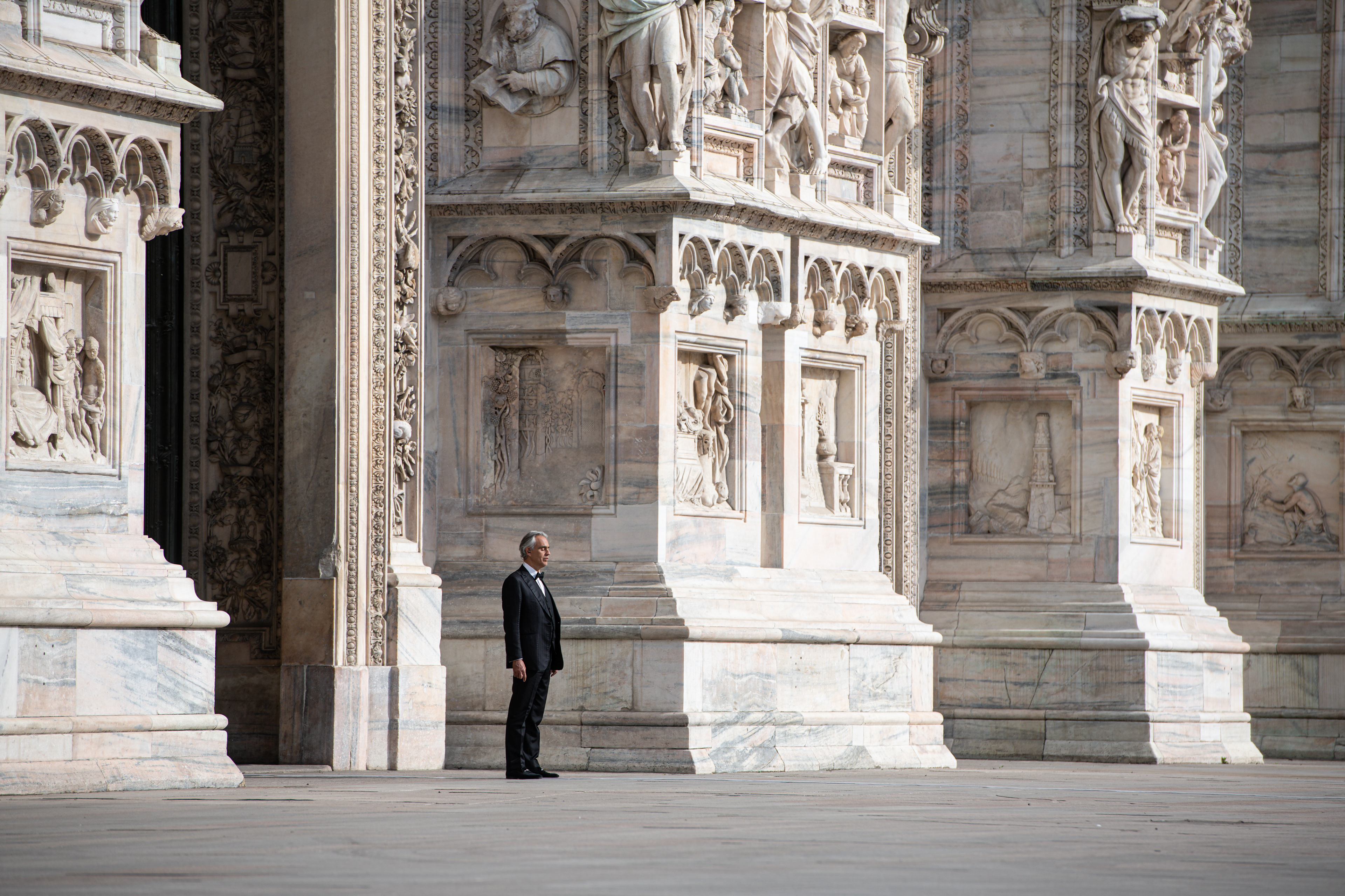 Andrea Bocelli rehearsal in a deserted Piazza Duomo in Milan, Italy on April 12, 2020 