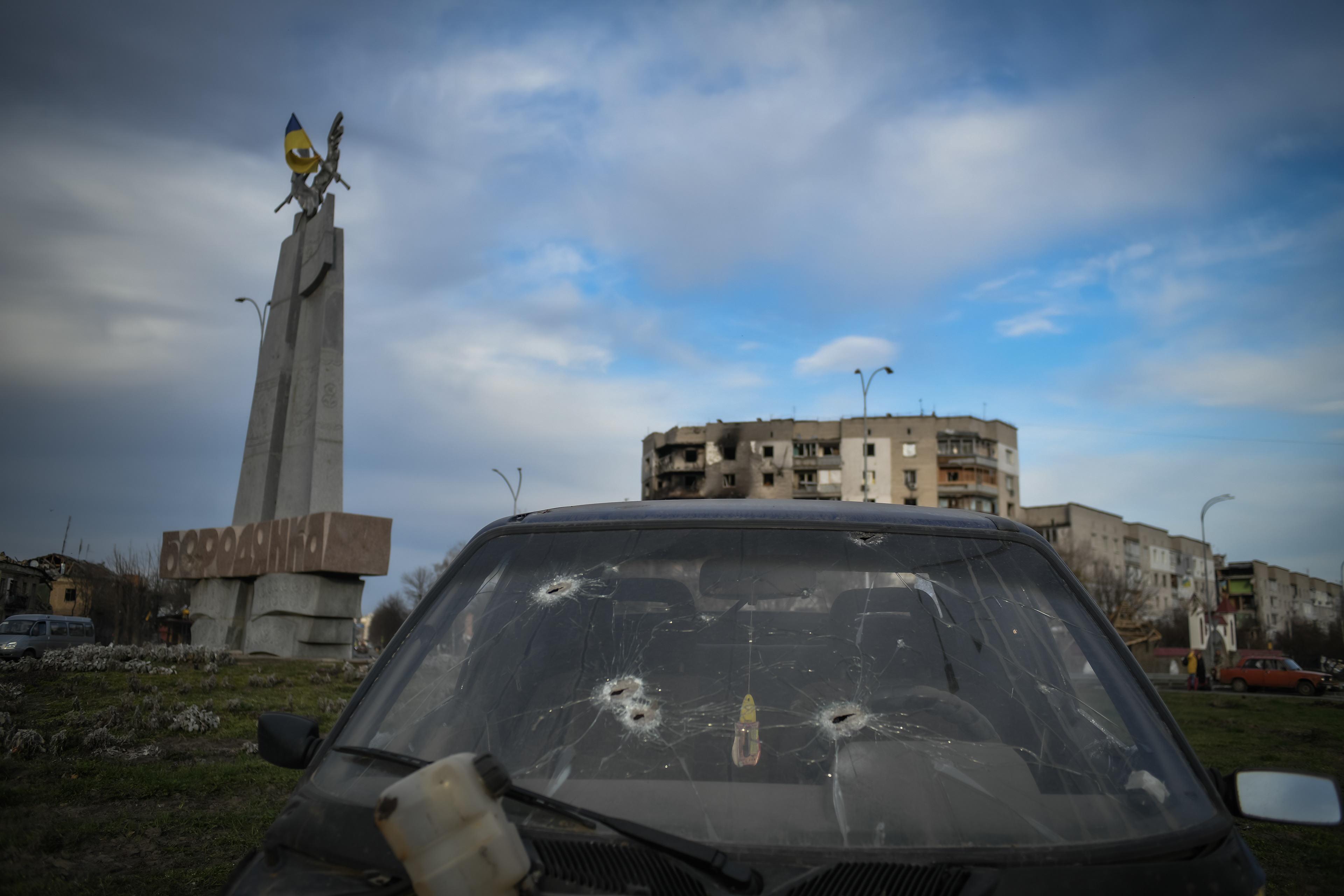 Borodyanka, near Kyiv, Ukraine - April 15, 2022: the broken windows of a car in central Borodyanka during Russian occupation