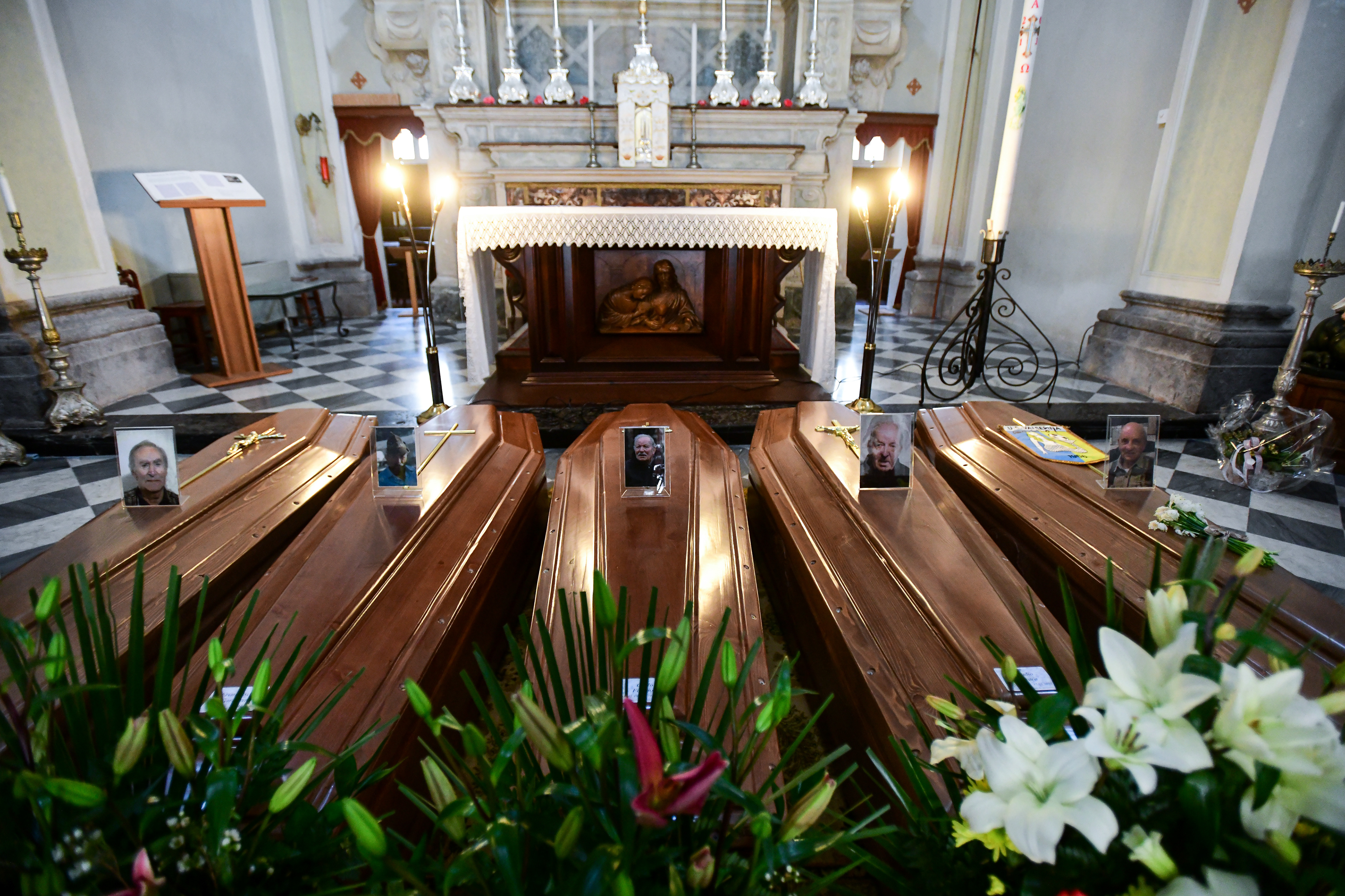 Coffins lay in the church of Serina, province of Bergamo, Italy on March 21, 2020.