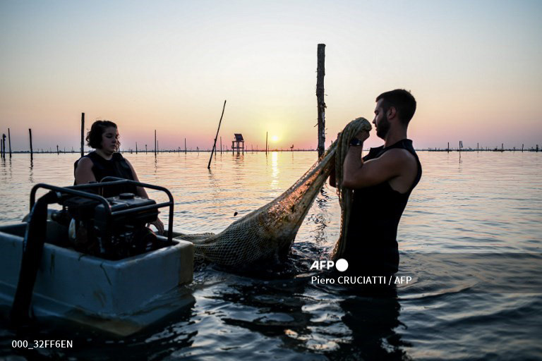 (LtoR) Dalila Pezzolati, 29, and Fabio Pezzolati, 25, harvest clams on the lagoon of Goro, about 100 km south of Venice, on the early morning of July 25, 2022. The recent drought has increased the salinity of the lagoon's waters, favouring the proliferation of algaes that absorb oxygen putting at risk the life of clams and mussels. (Photo by Piero CRUCIATTI / AFP) 