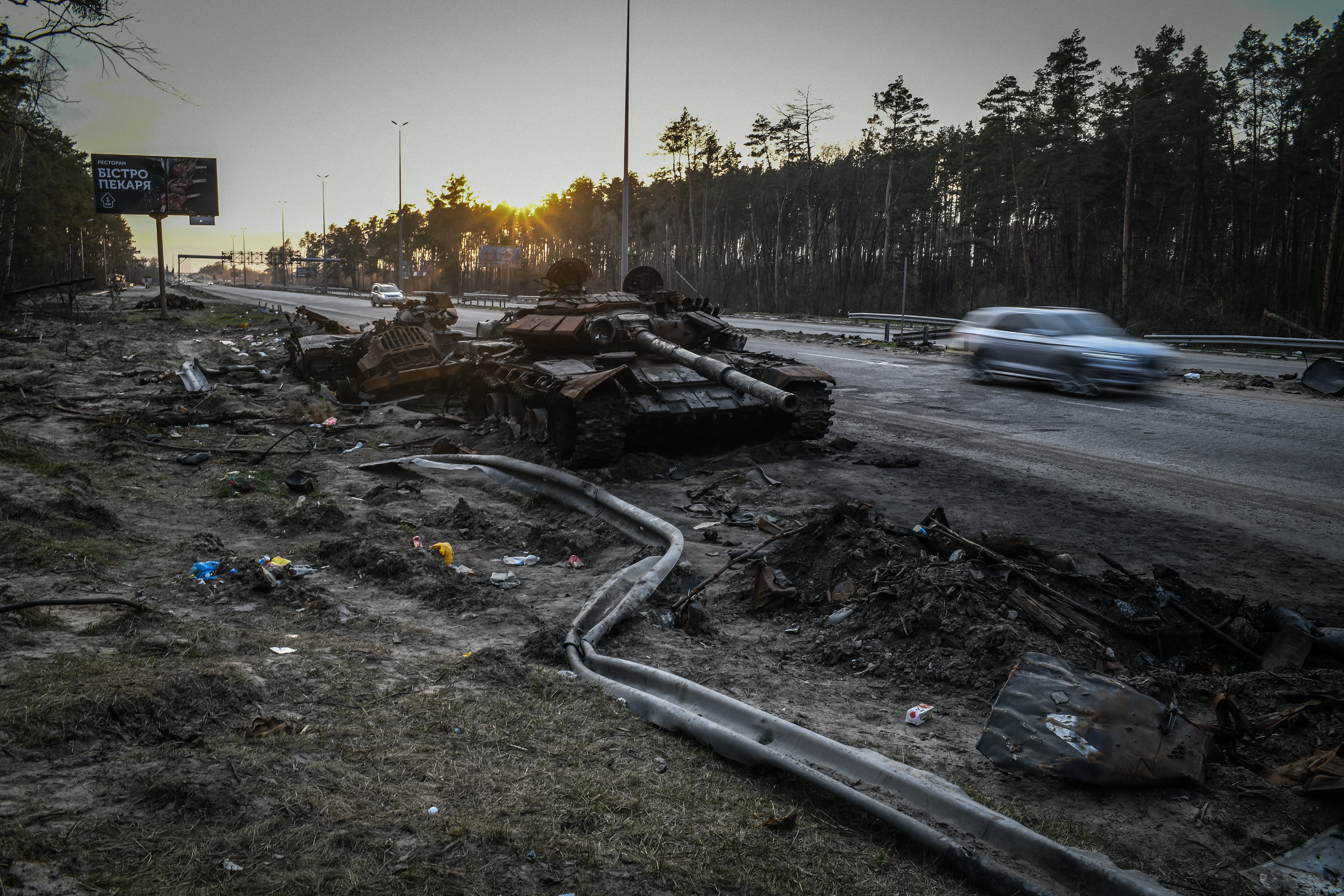 Kyiv, Ukraine - April 15, 2022: Russian tanks destroyed in the outskirts of Kyiv