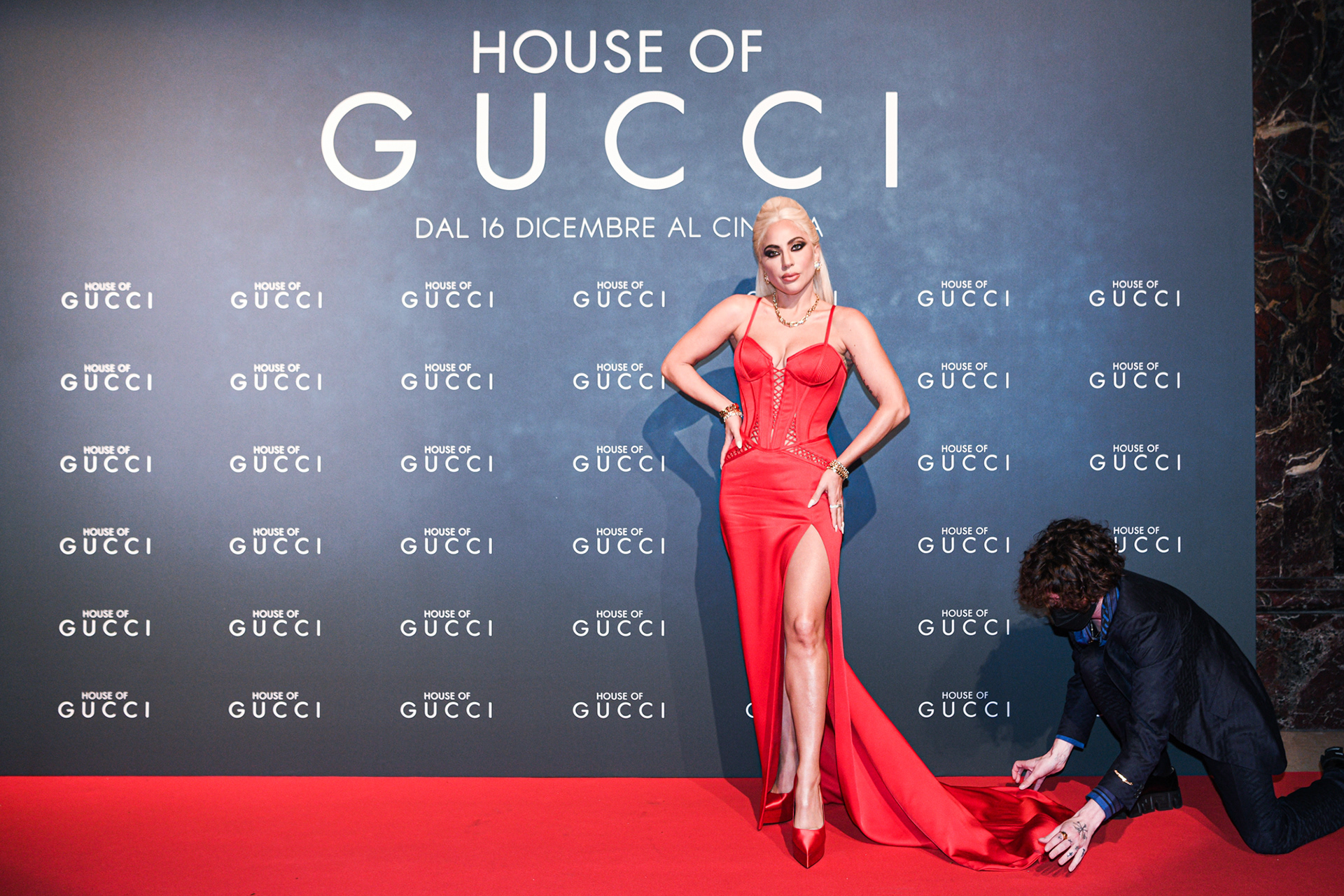 US singer and actor Lady Gaga poses on the red carpet ahead of the premiere of the film 'House of Gucci', in Milan, Italy on November 13, 2021.