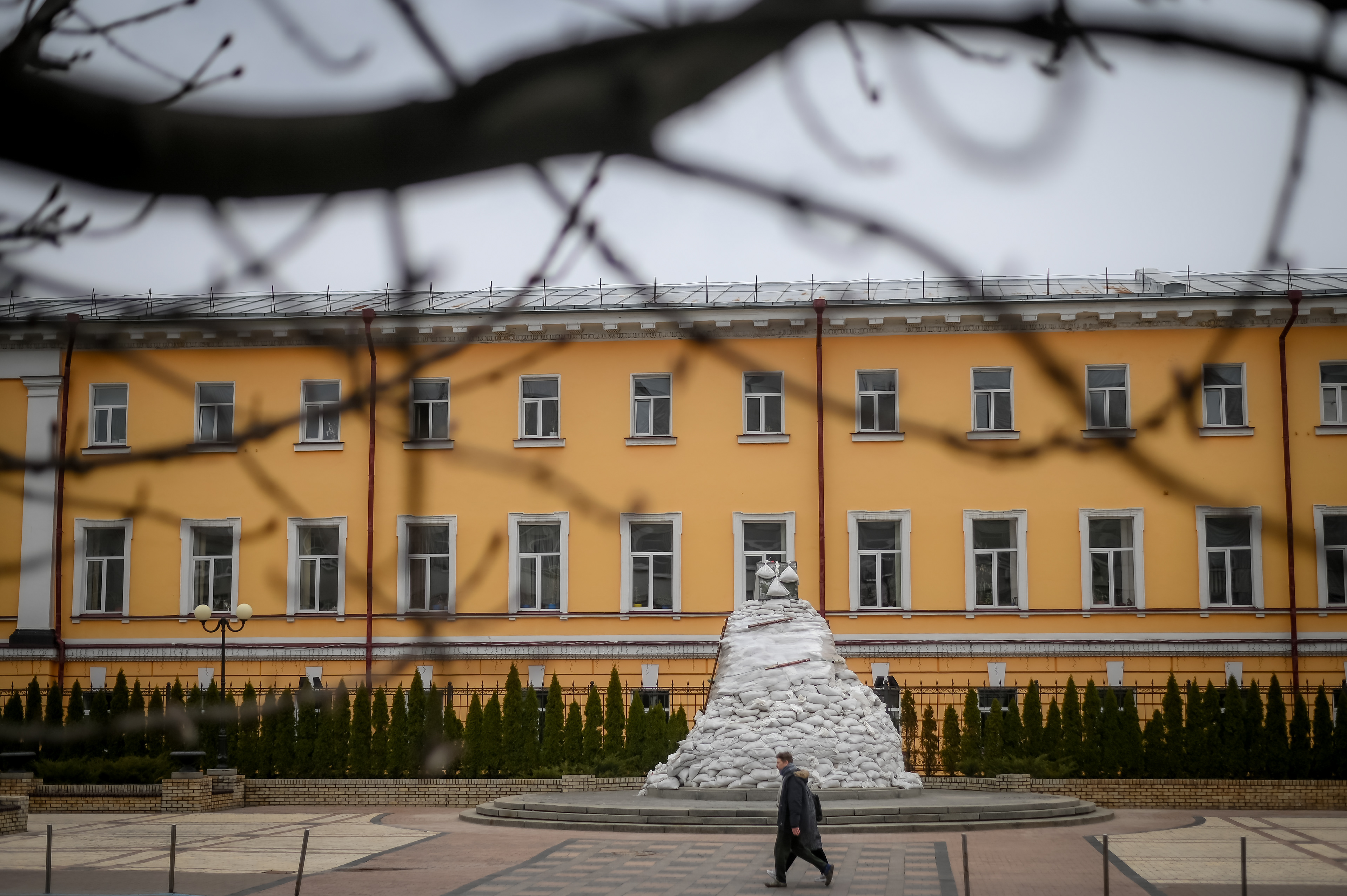 Kyiv, Ukraine - April 10, 2022: Cultural stuatues covered with sandbags to protect them against shellings during the Russian invasion in Kyiv, Ukraine