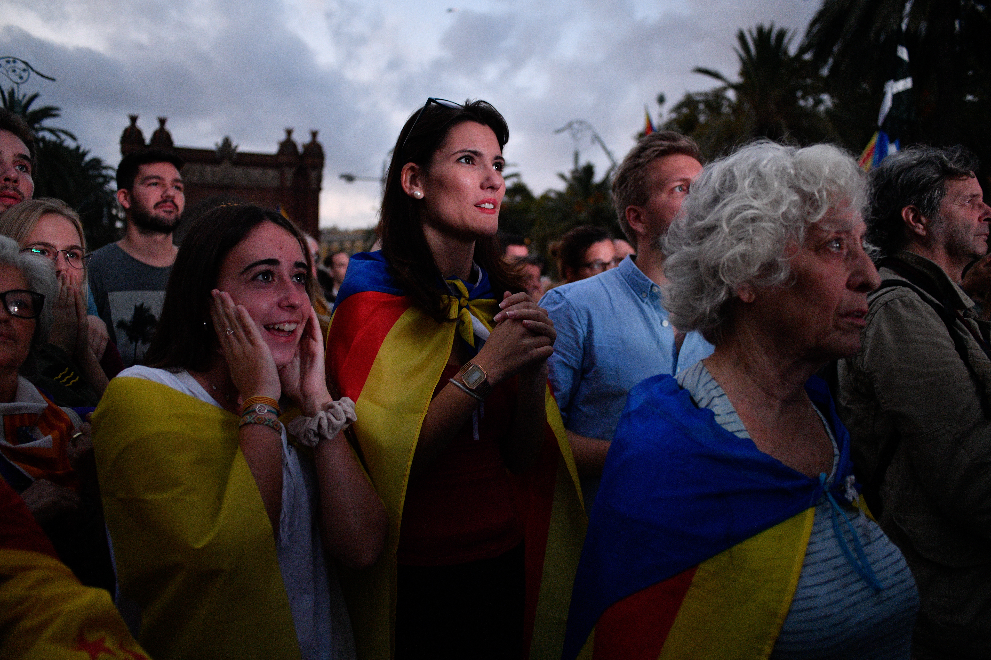 Barcelona, Spain - 10 October 2017: Pro-Independence supporters gather at Arc de Triomf for Puigdemont's announcement at the Catalan Parliament