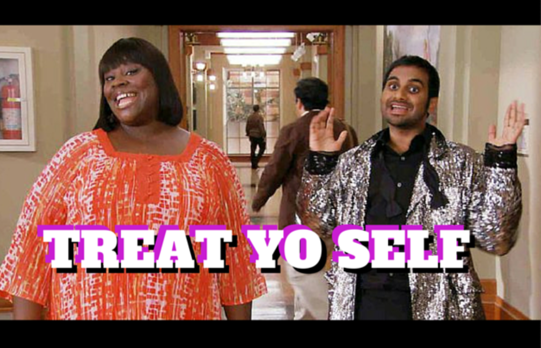 Tom and Donna from Parks and Recs stood in corridor mid shouting Treat Yo Self