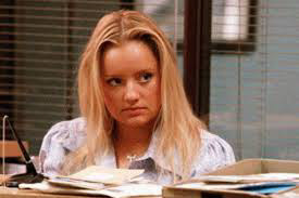 Character of Dawn Tinsley looking sadly towards the Office on the TV show