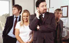 Image of the UK Office with characters, David, Dawn, Tim and Gareth