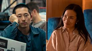 Steven Yeun and Ali Wong as their characters in Beef