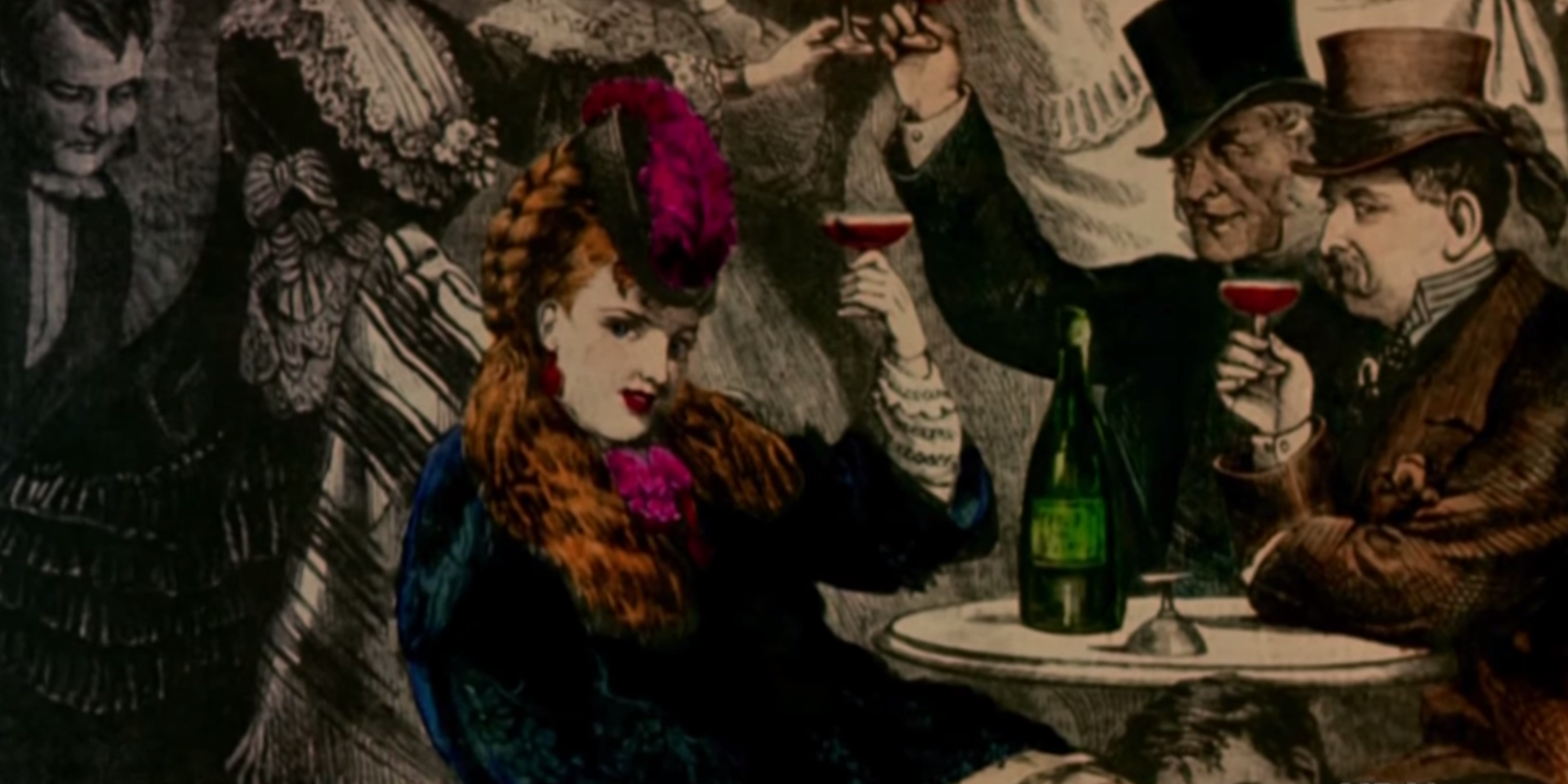 A still of the opening credits of Cheers with an 19th Century lady finely dressed holding up a glass of a red drink