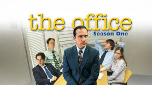 Text: The Office US Season One with characters, Michael, Pam, Jim, Dwight and Ryan