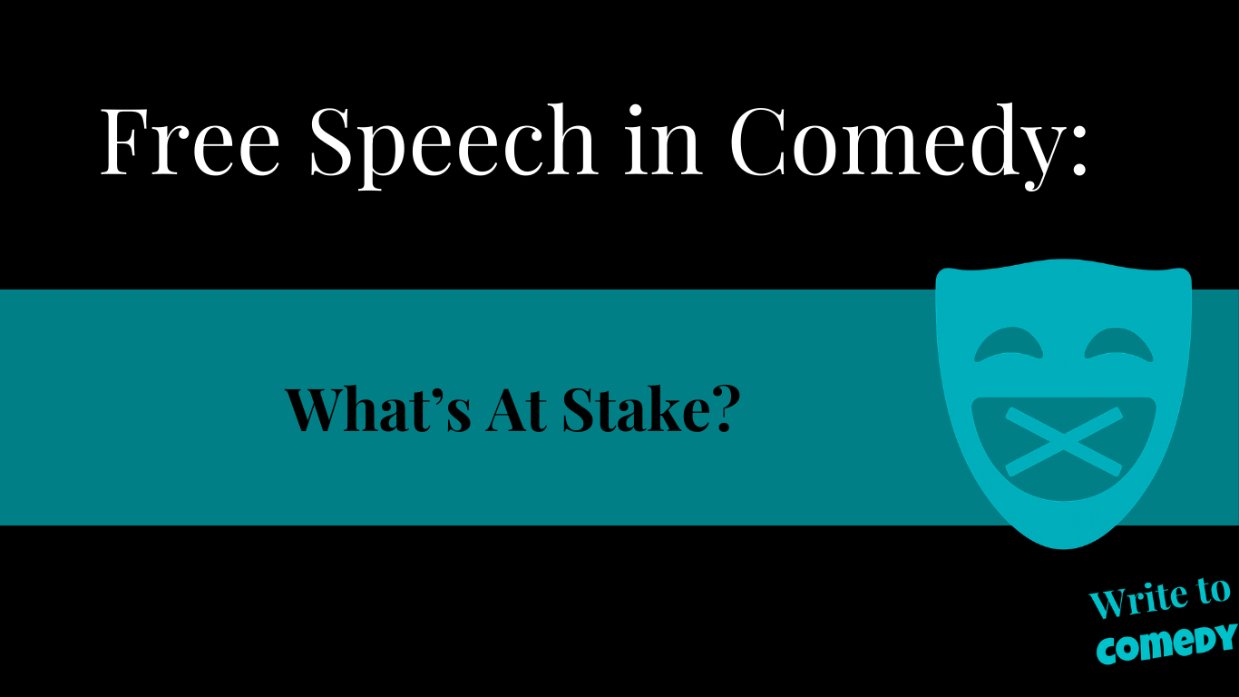 An image of a comedy mask with the mouth taped. The text states Free Speech in Comedy, what's at stake?
