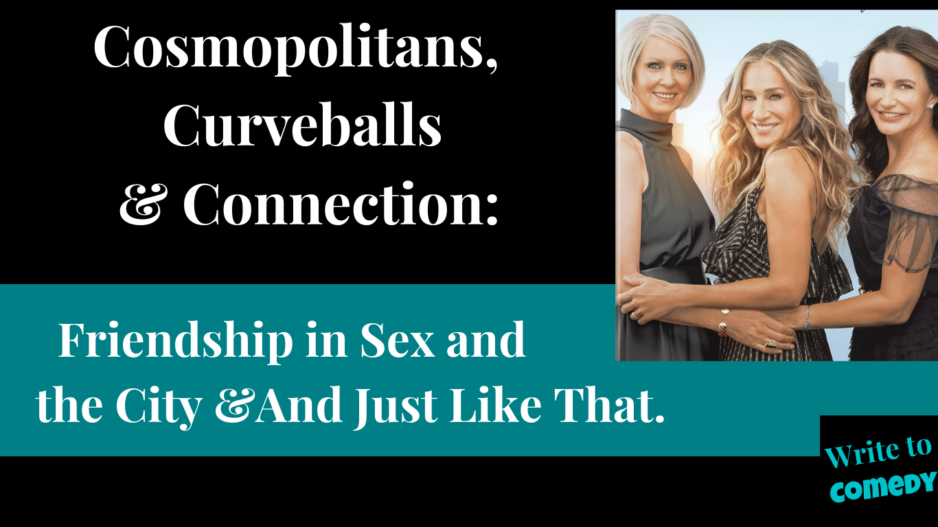 Picture of the three main cast of And Just like that smiling and holding each others arms. The caption reads Cosmopolitans, curveballs & connection. Friendship in Selx and the City and And Just Like That.