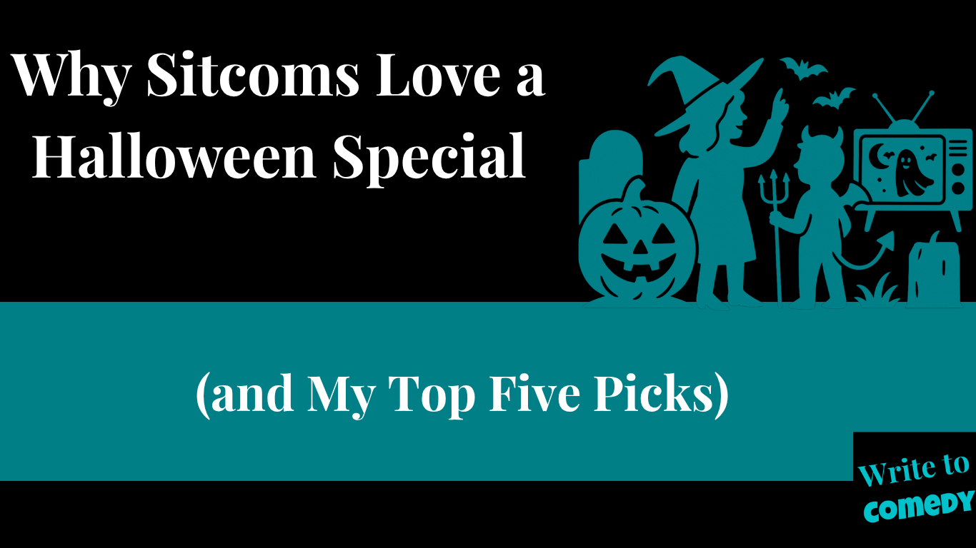 A silouhette image of Halloween with a pumpkin, witch, bats, child in costume with a TV in the background with a ghost on it. The text states Why Sitcoms Love a Halloween Special and my top five picks