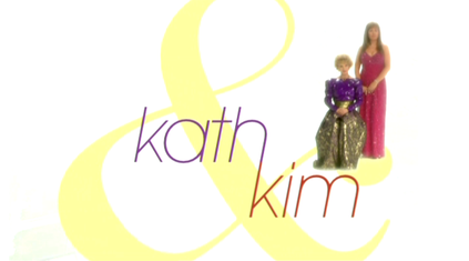 Still from opening credits of Kath And Kim with the text Kath and Kim with the characters of Kath and Kim posing in evening dresses