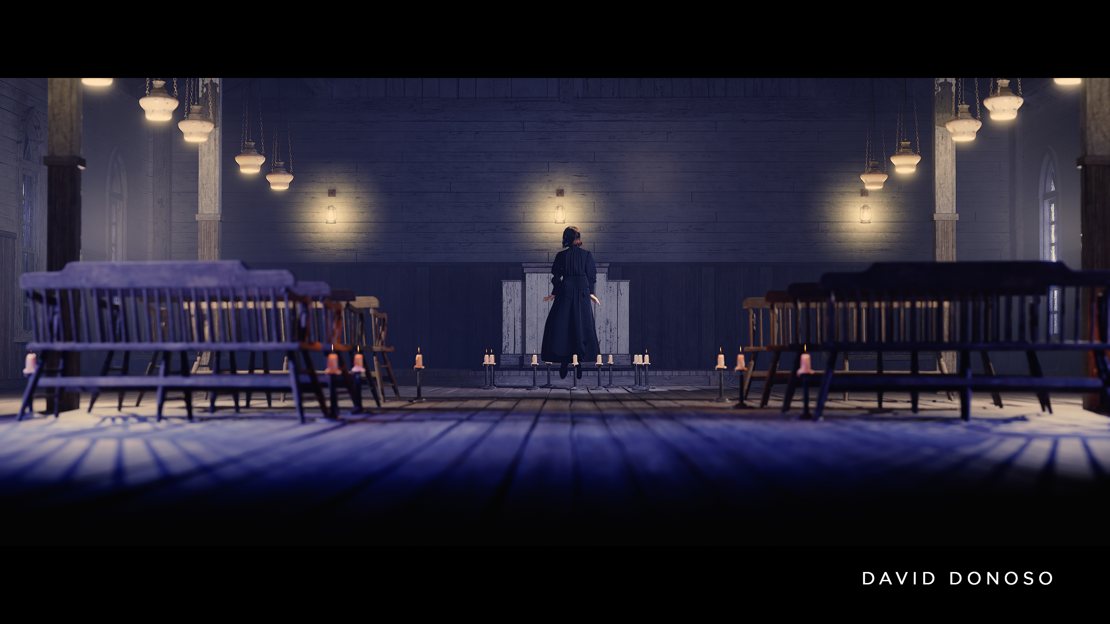 I created a blueprint for the candles using a Niagara component and the curve editor for randomized flickering from the blueprints
