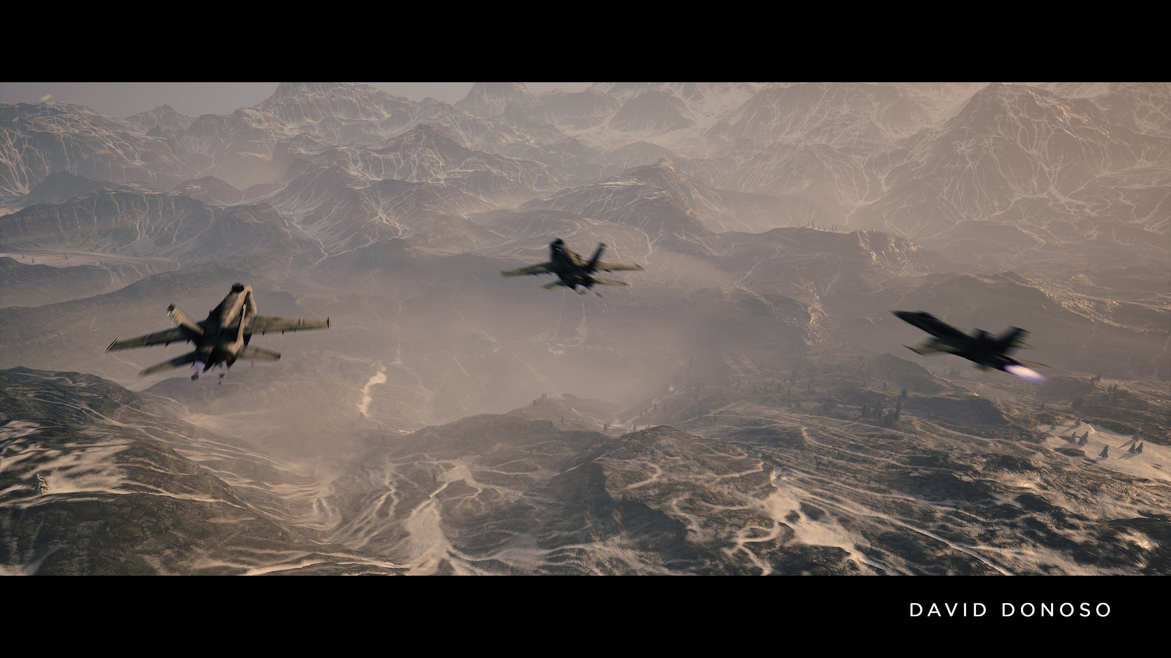 I used volumetric fog as a backlight to separate our main subjects (the planes) from the background and use what viewers would identify as natural light as our keylight.