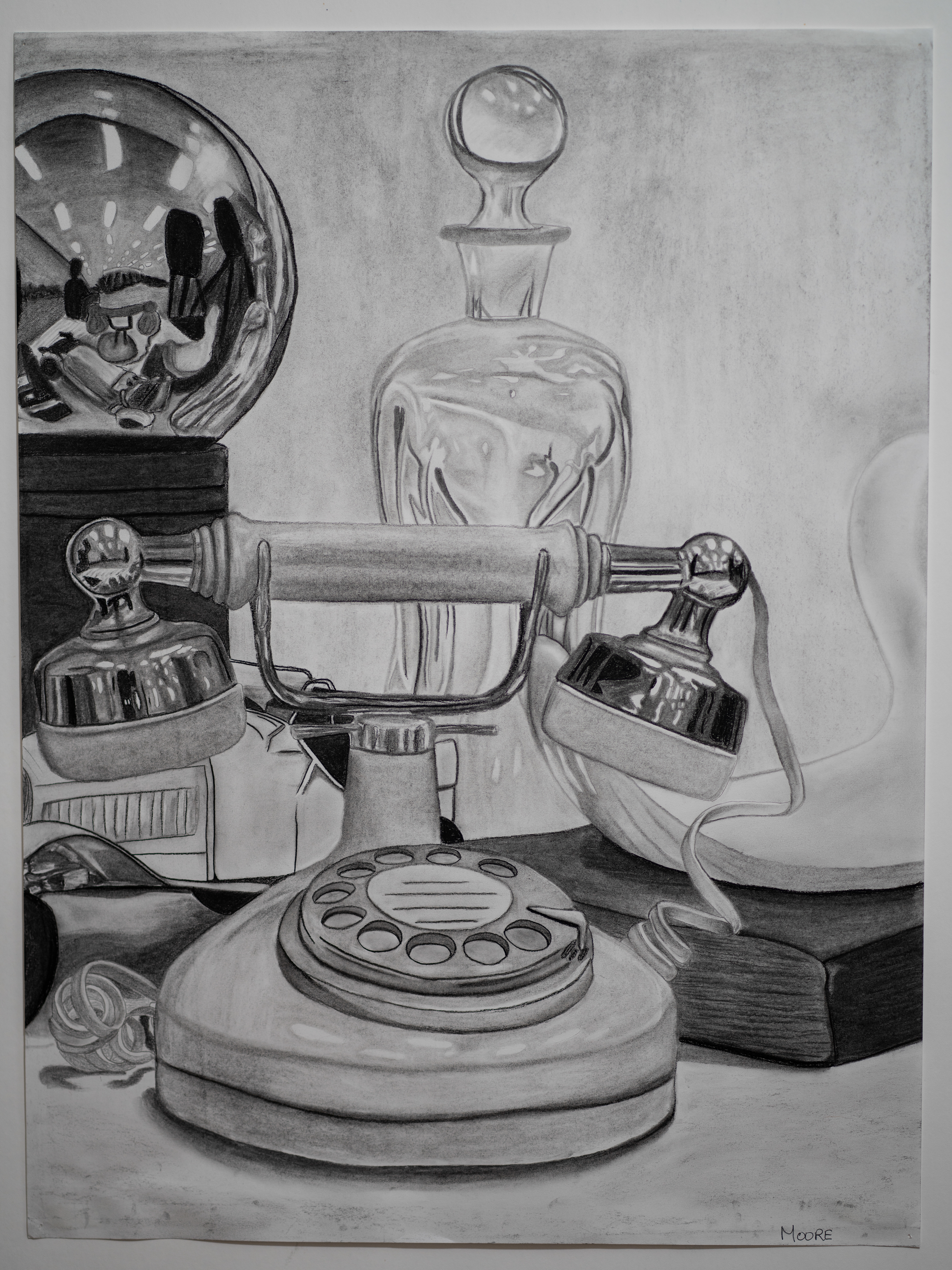 Antique Still Life, Vine Charcoal on Sketch Paper, 18" x 24"